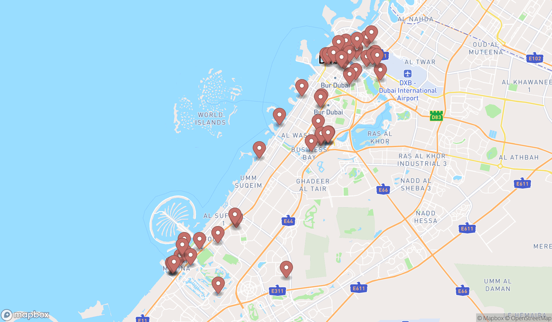 Map showing the search results in Dubai