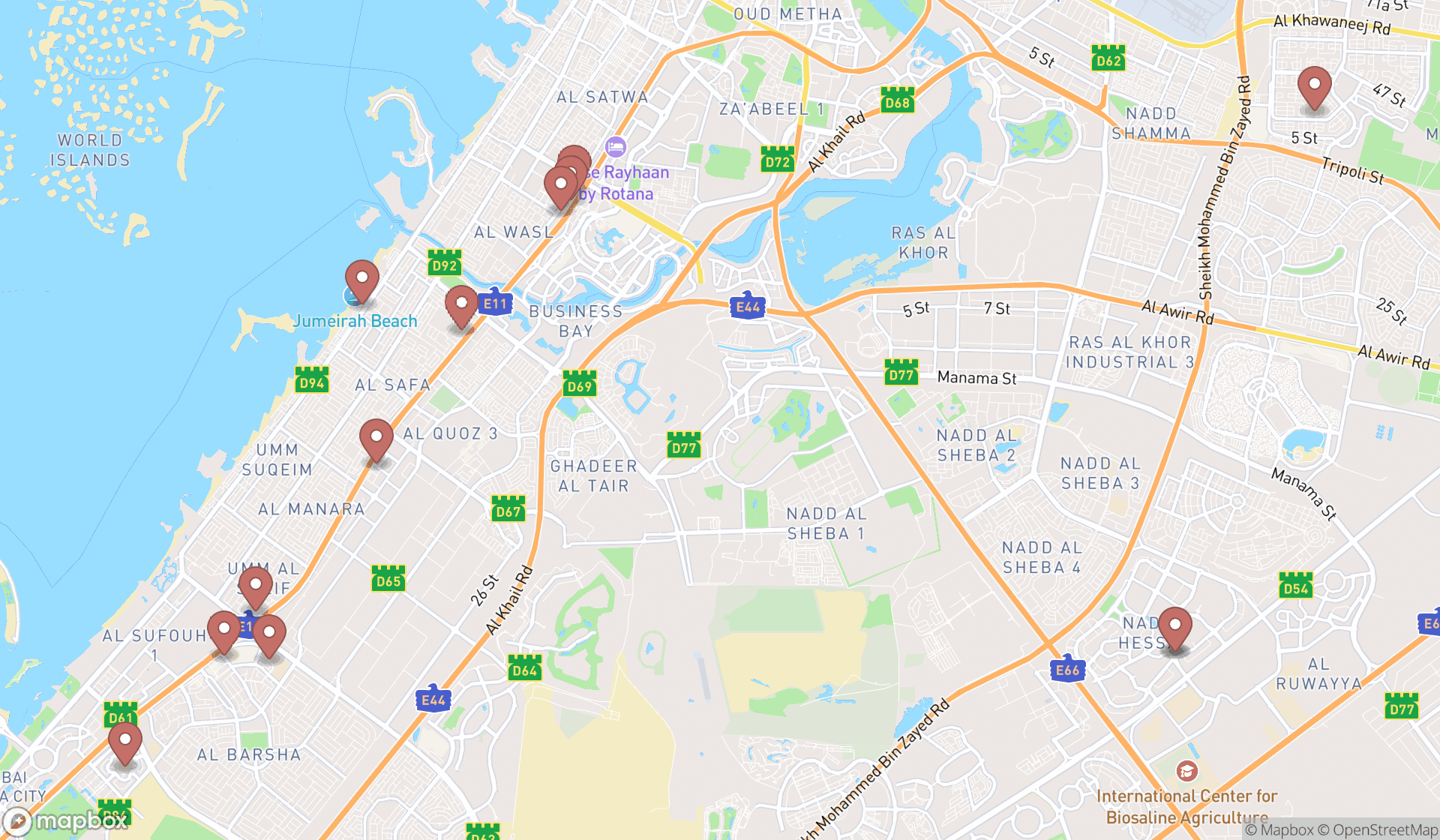 Map showing the search results in Dubai
