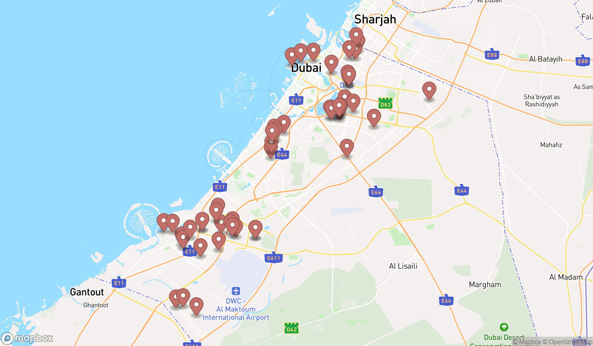 Map showing the search results in Dubai