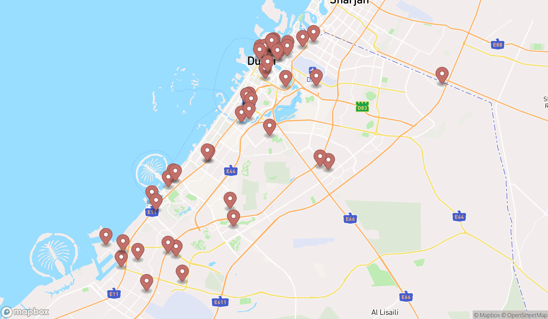 Map showing the search results in Dubai