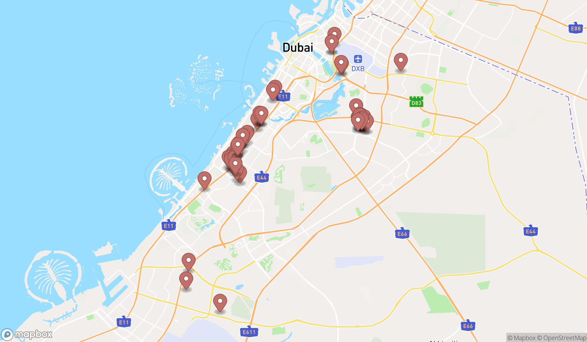 Map showing the search results in Dubai