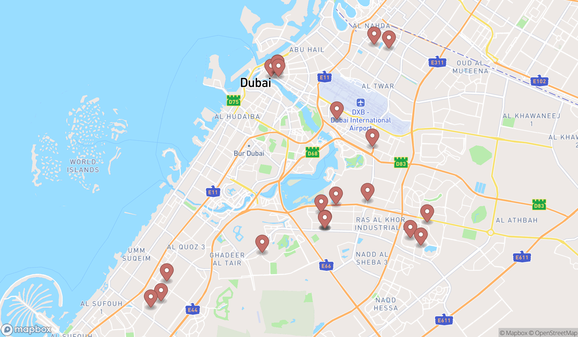 Map showing the search results in Dubai
