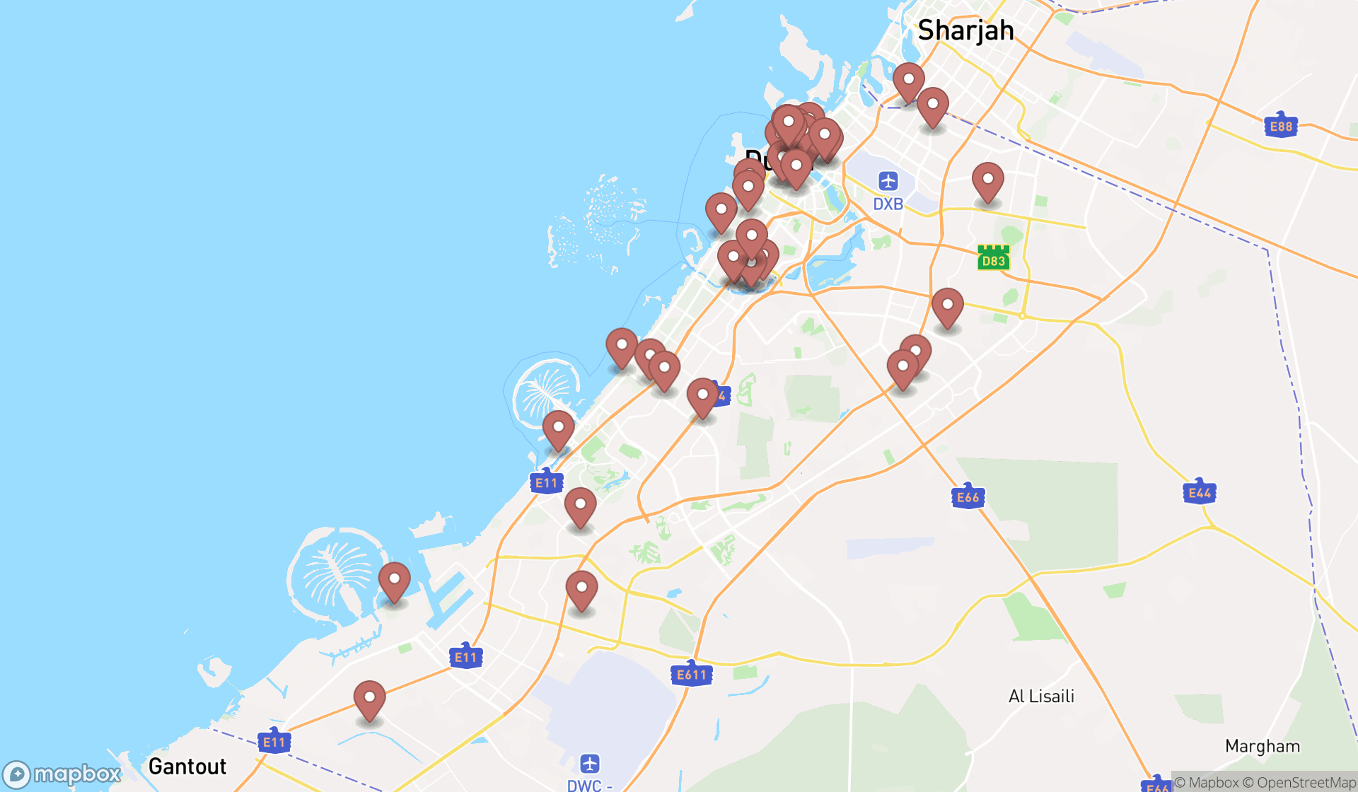 Map showing the search results in Dubai