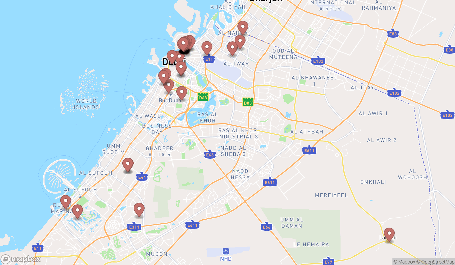 Map showing the search results in Dubai