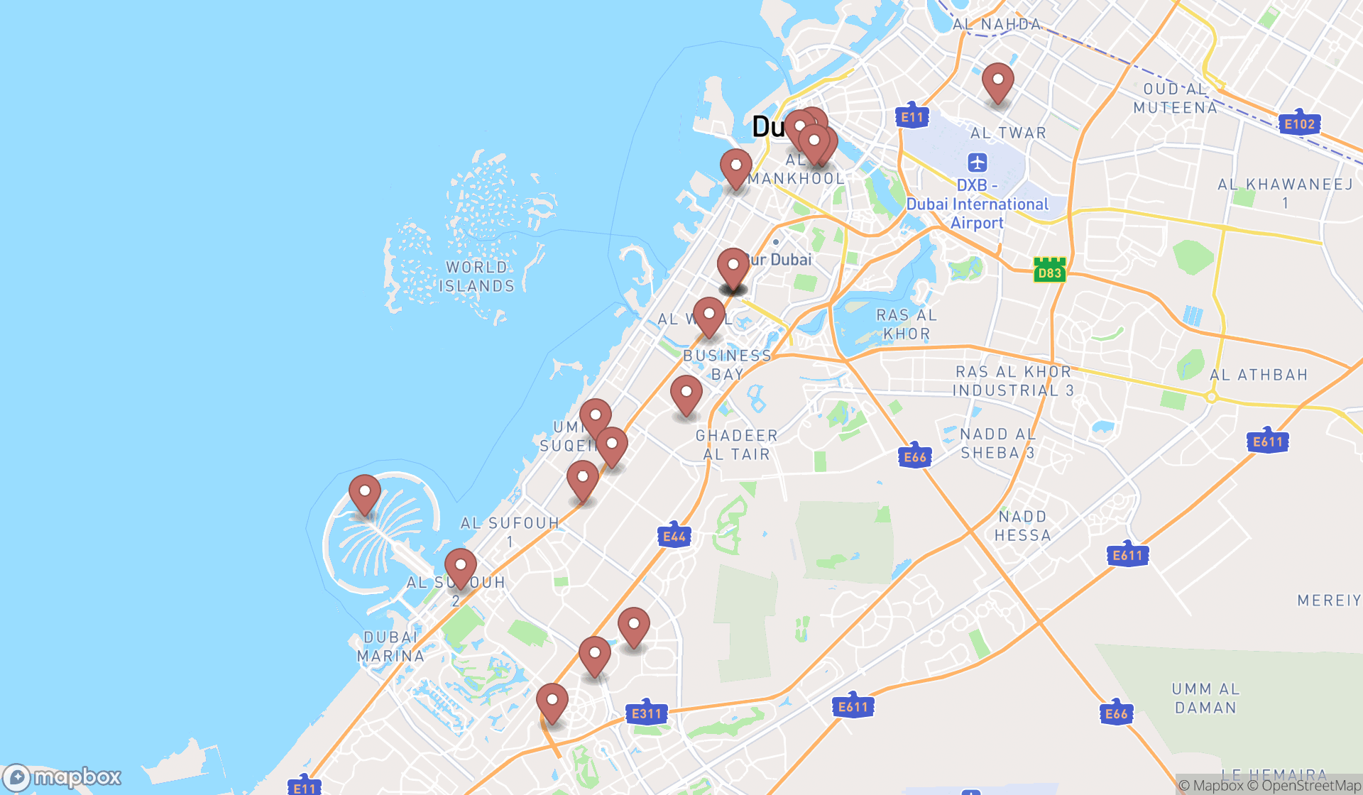 Map showing the search results in Dubai