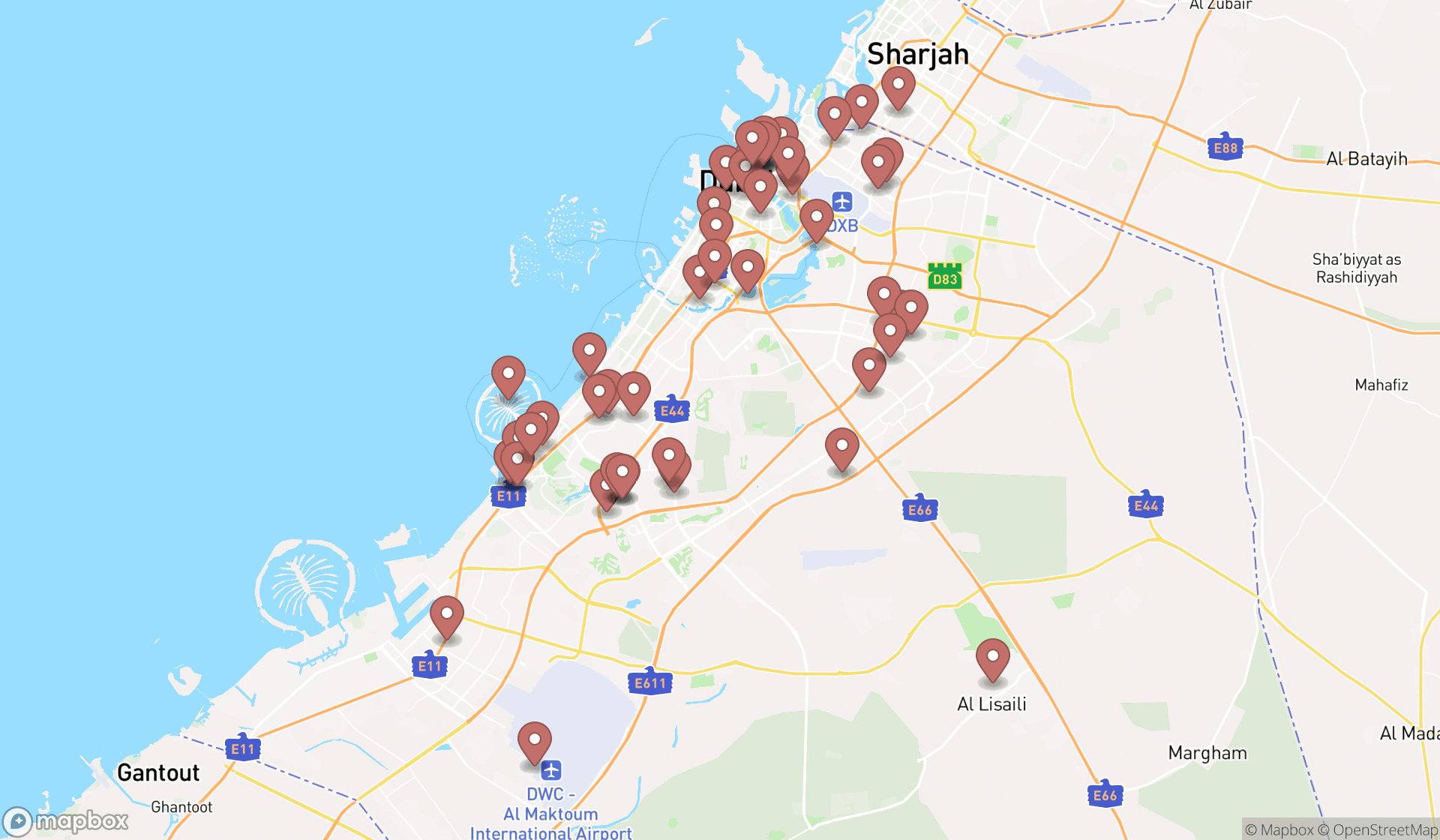 Map showing the search results in Dubai