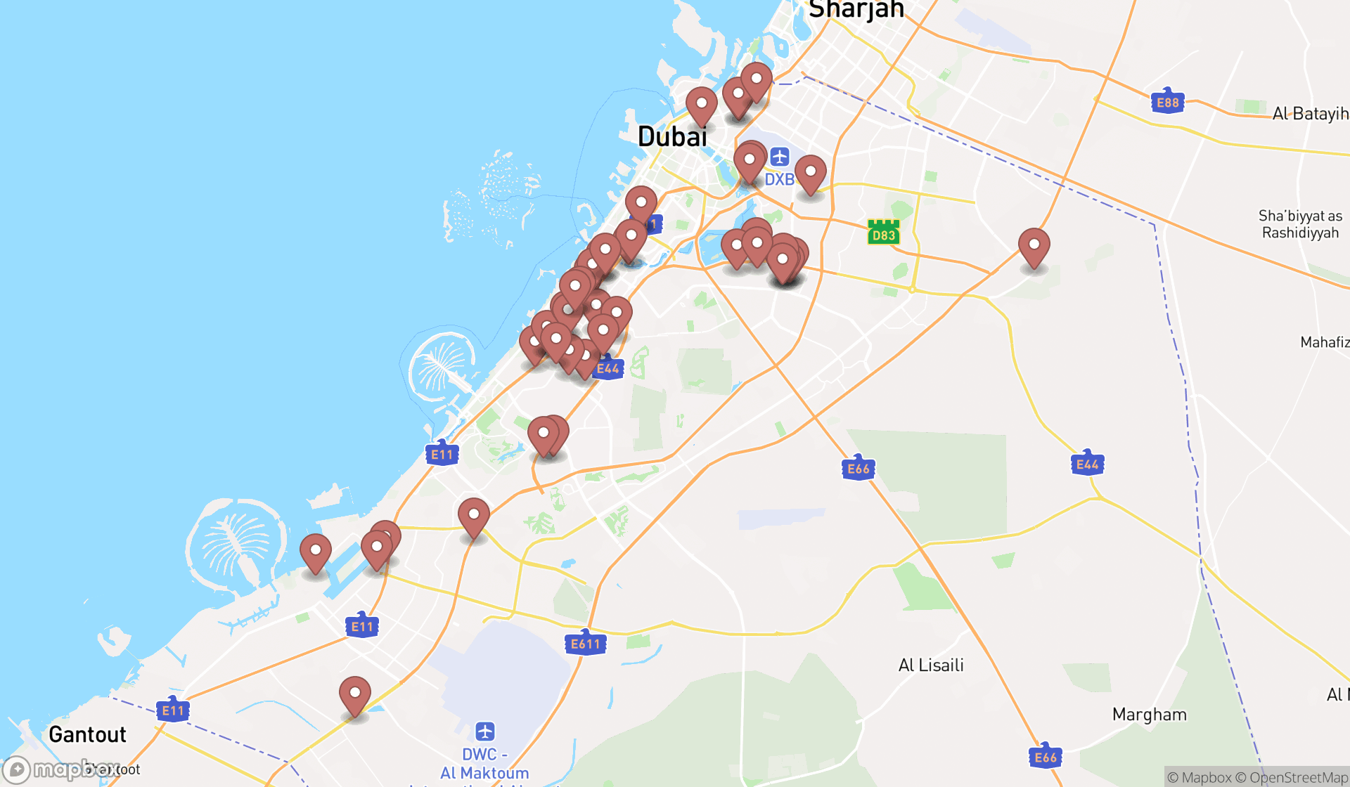 Map showing the search results in Dubai