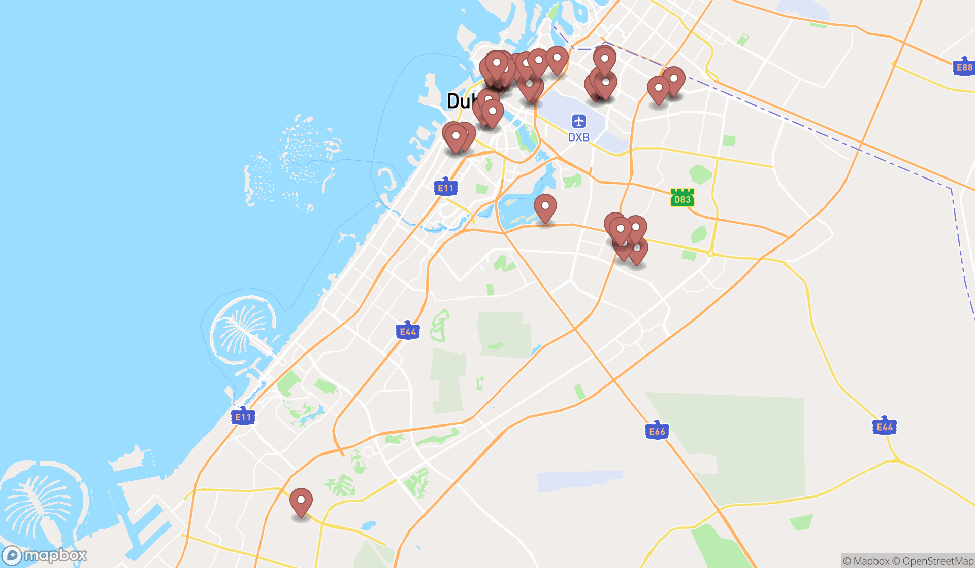 Map showing the search results in Dubai