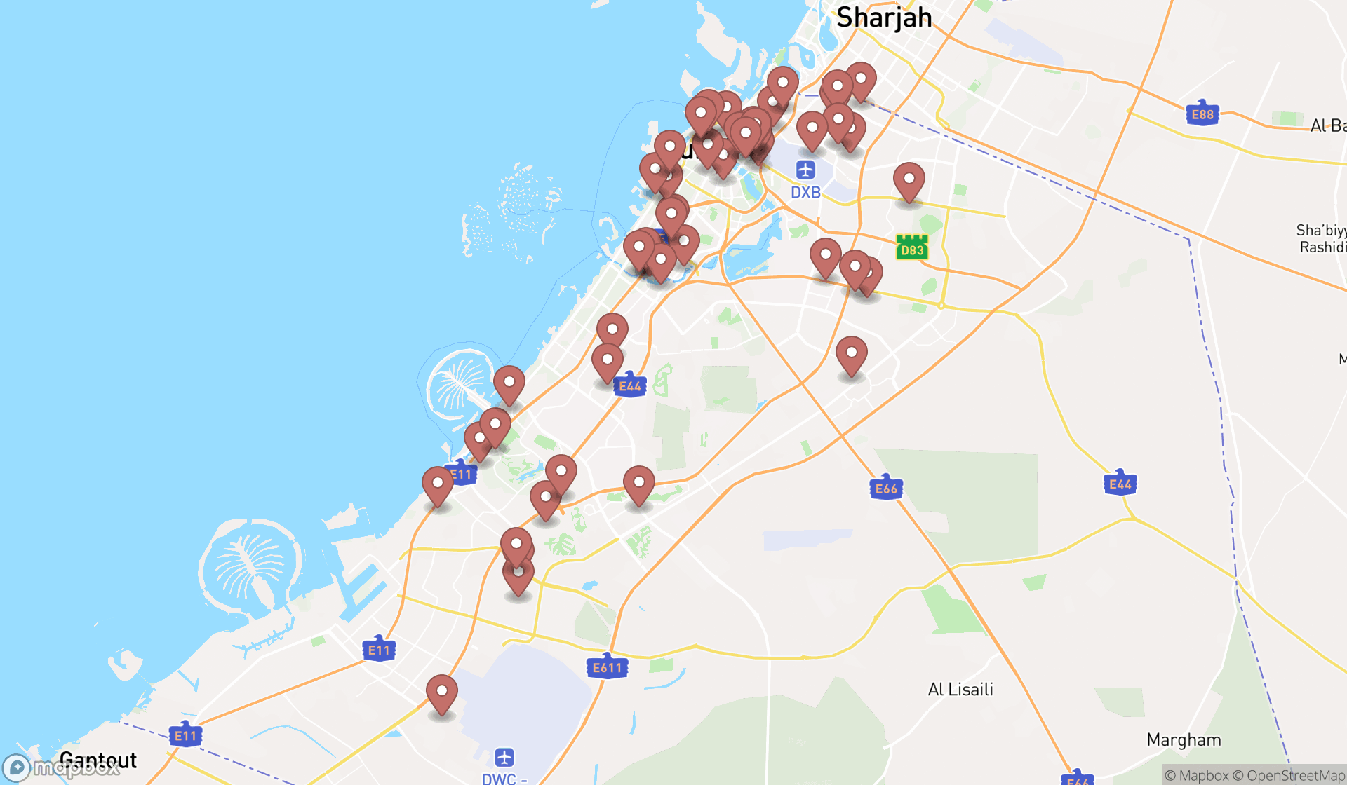 Map showing the search results in Dubai