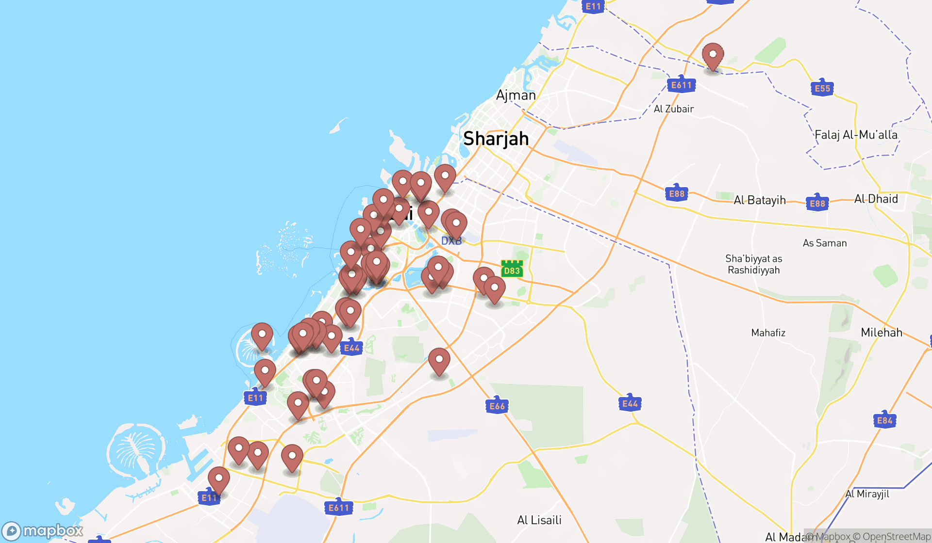 Map showing the search results in Dubai