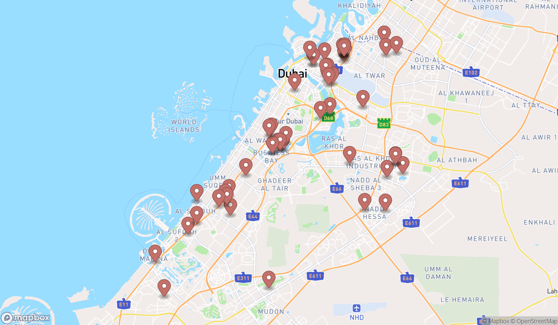 Map showing the search results in Dubai
