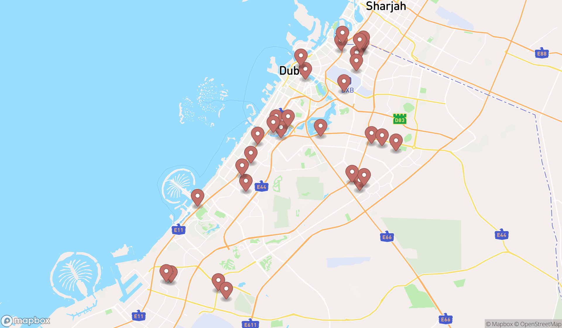Map showing the search results in Dubai