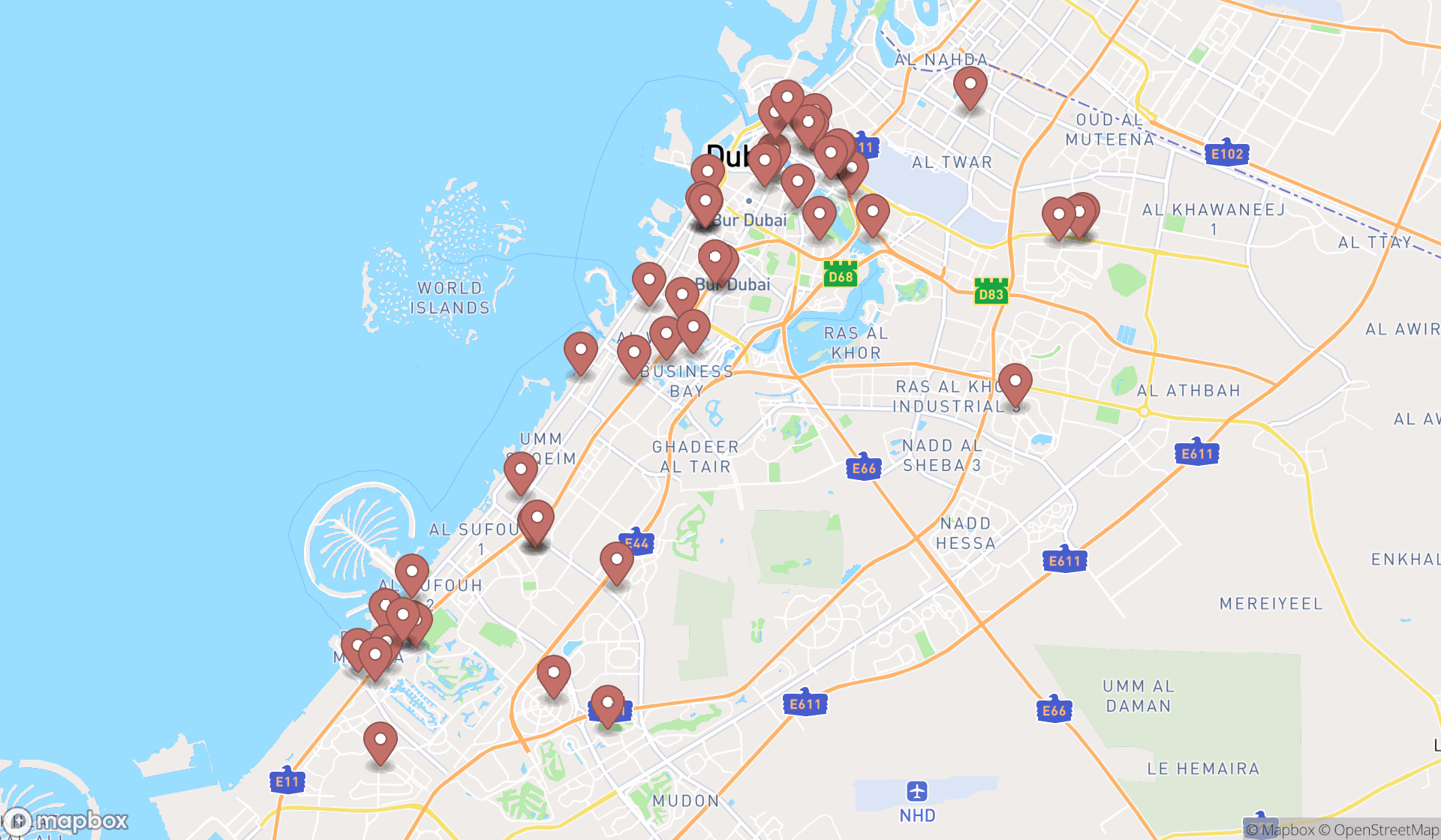 Map showing the search results in Dubai