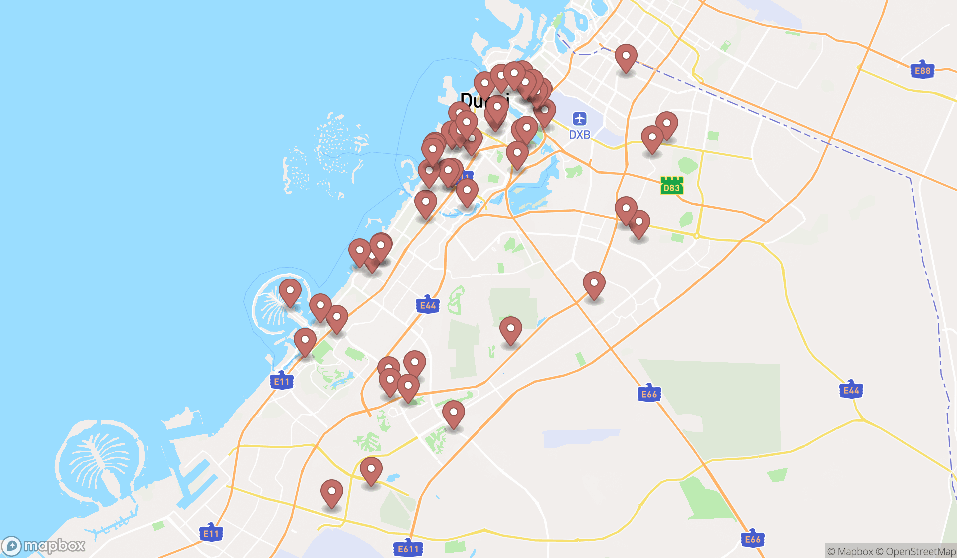 Map showing the search results in Dubai