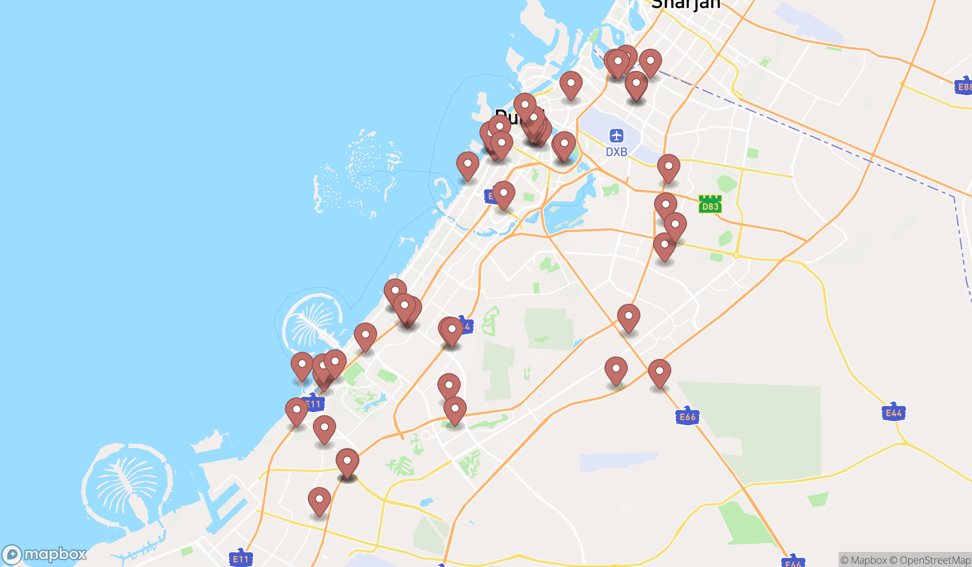 Map showing the search results in Dubai