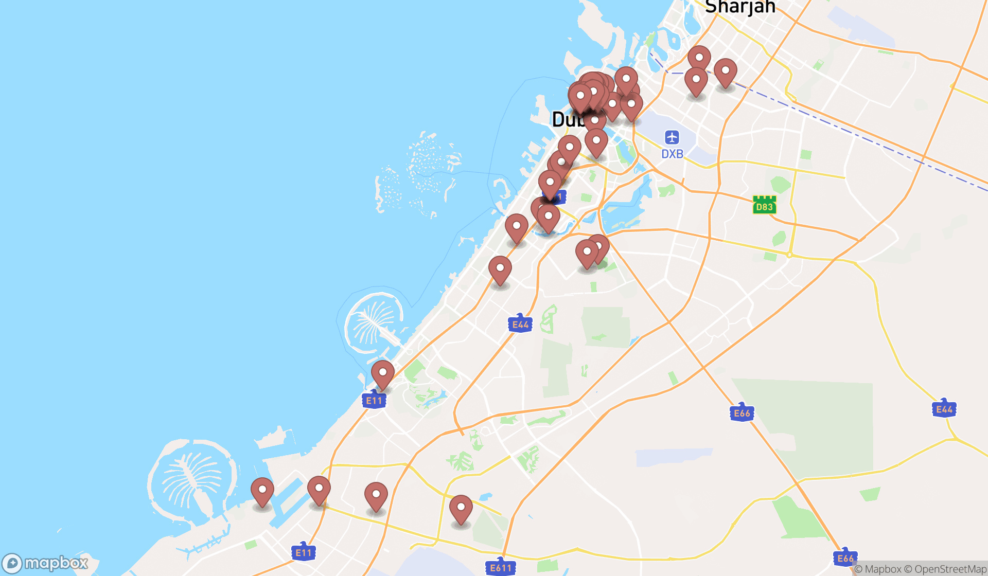 Map showing the search results in Dubai