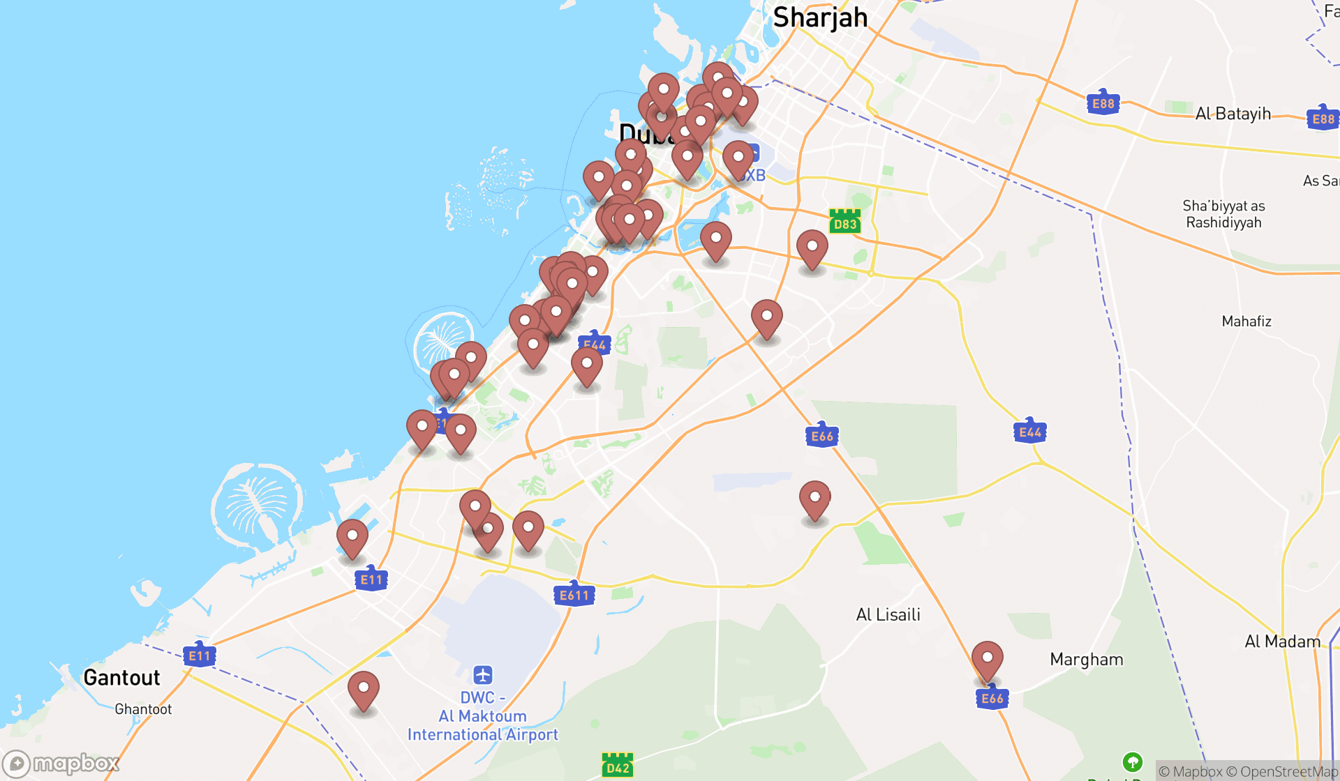 Map showing the search results in Dubai