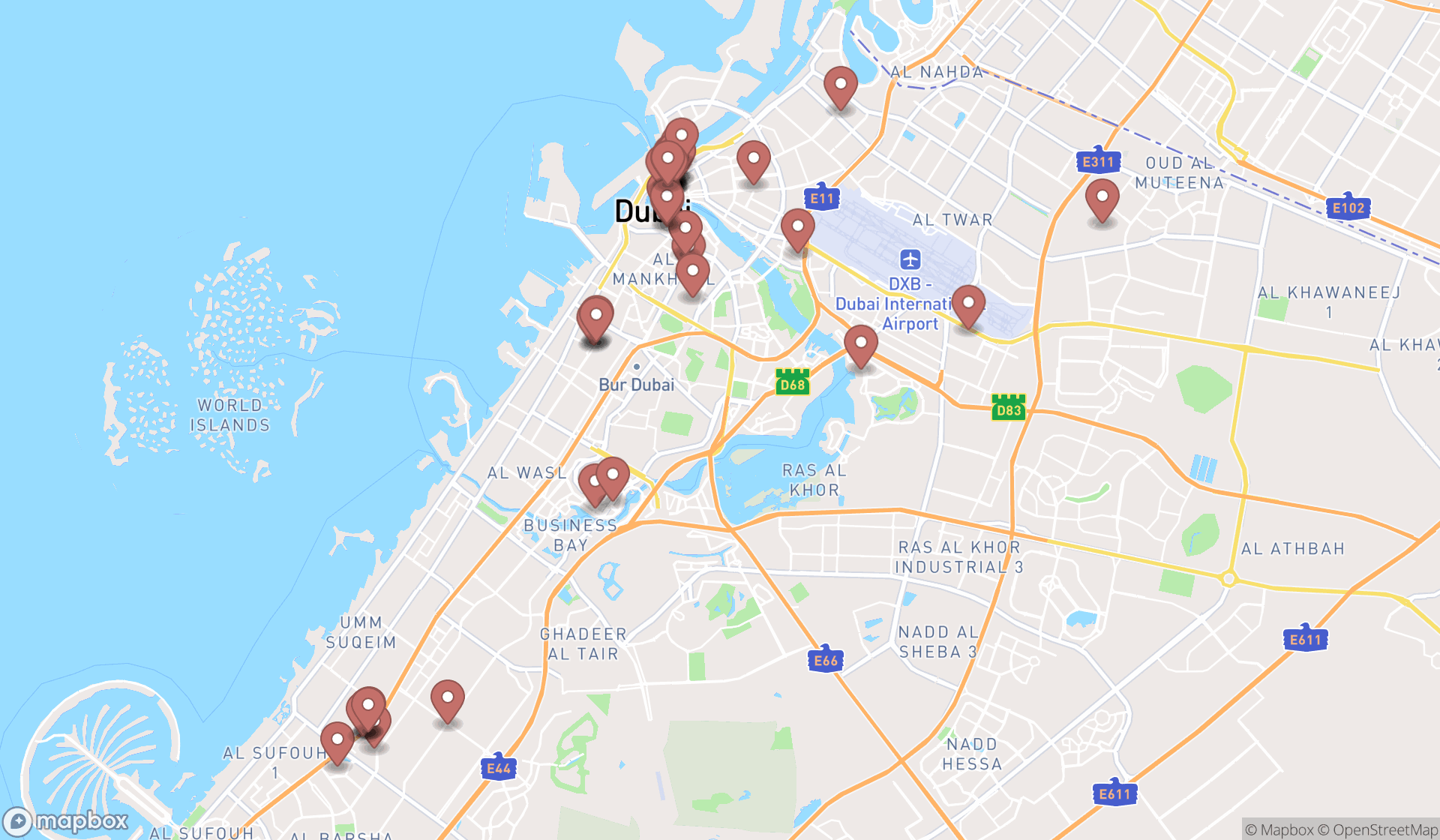 Map showing the search results in Dubai