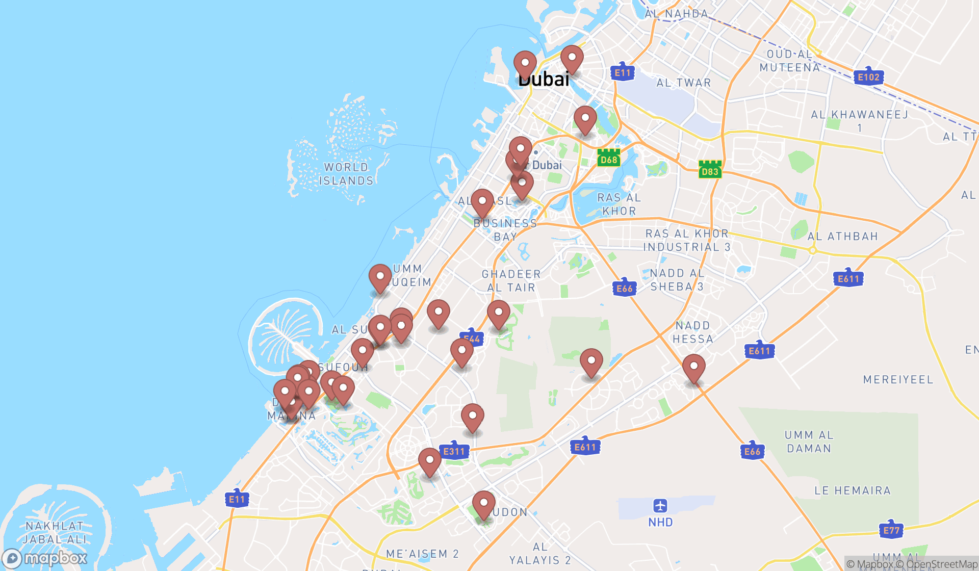 Map showing the search results in Dubai