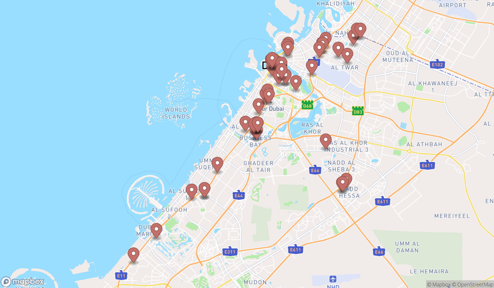 Map showing the search results in Dubai