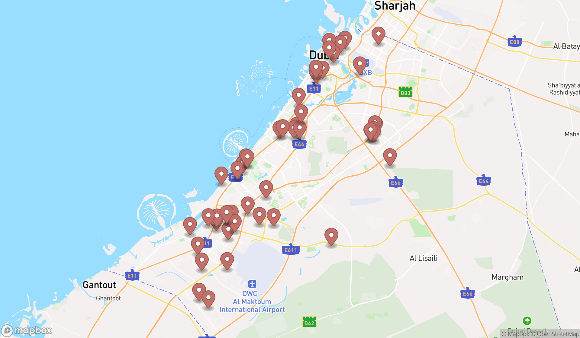 Map showing the search results in Dubai