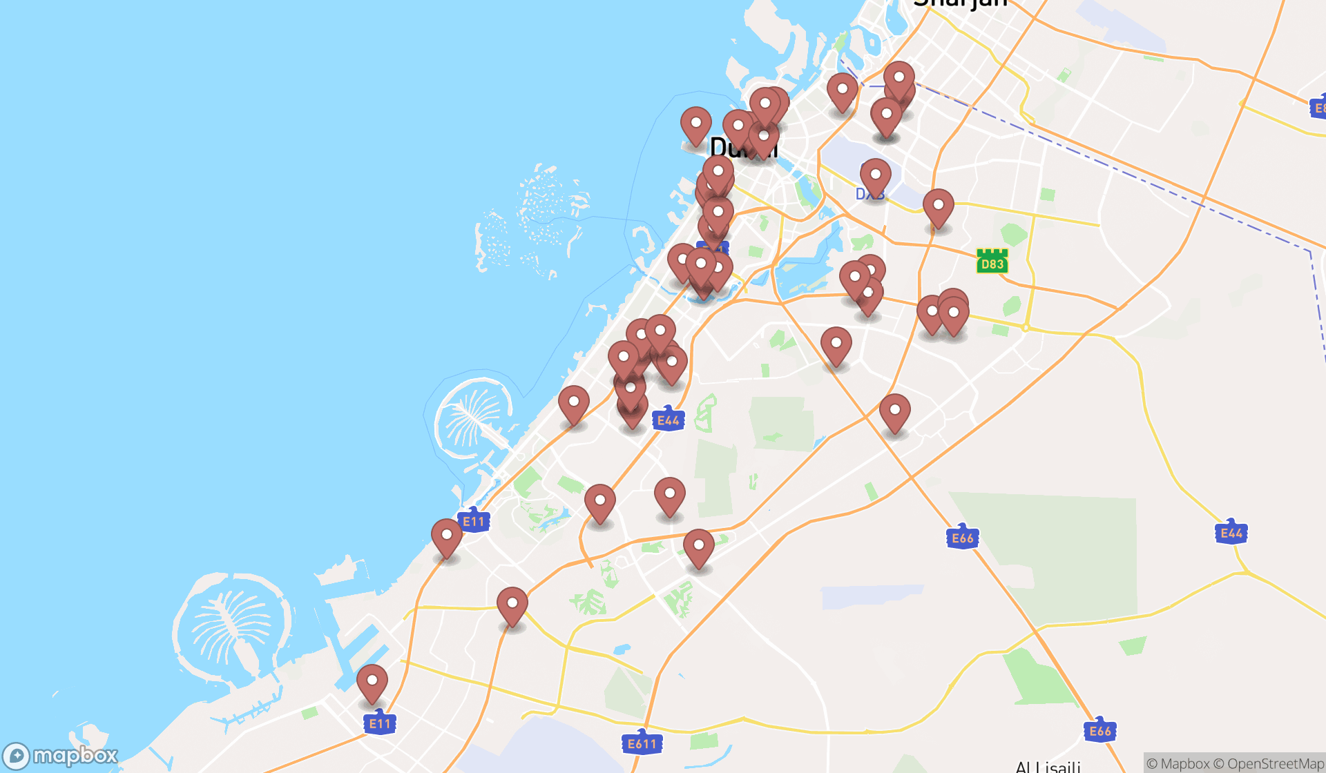 Map showing the search results in Dubai