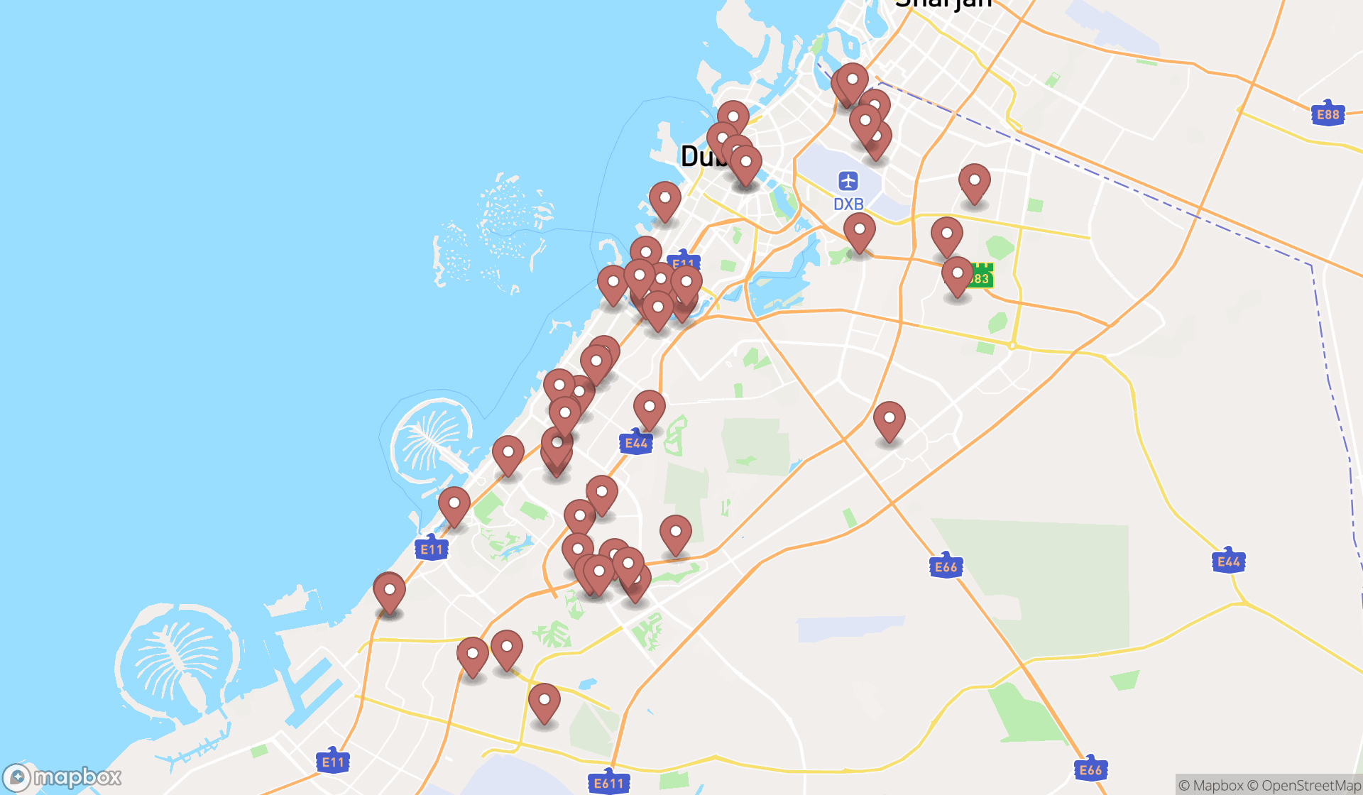 Map showing the search results in Dubai