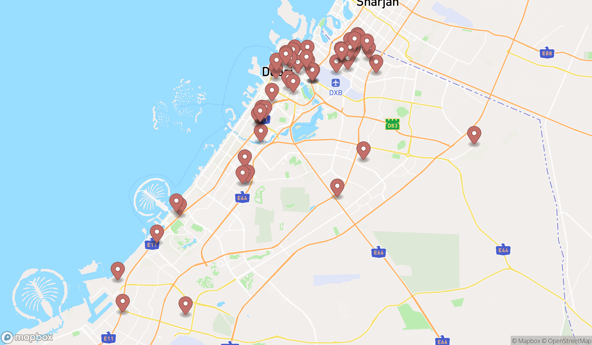 Map showing the search results in Dubai