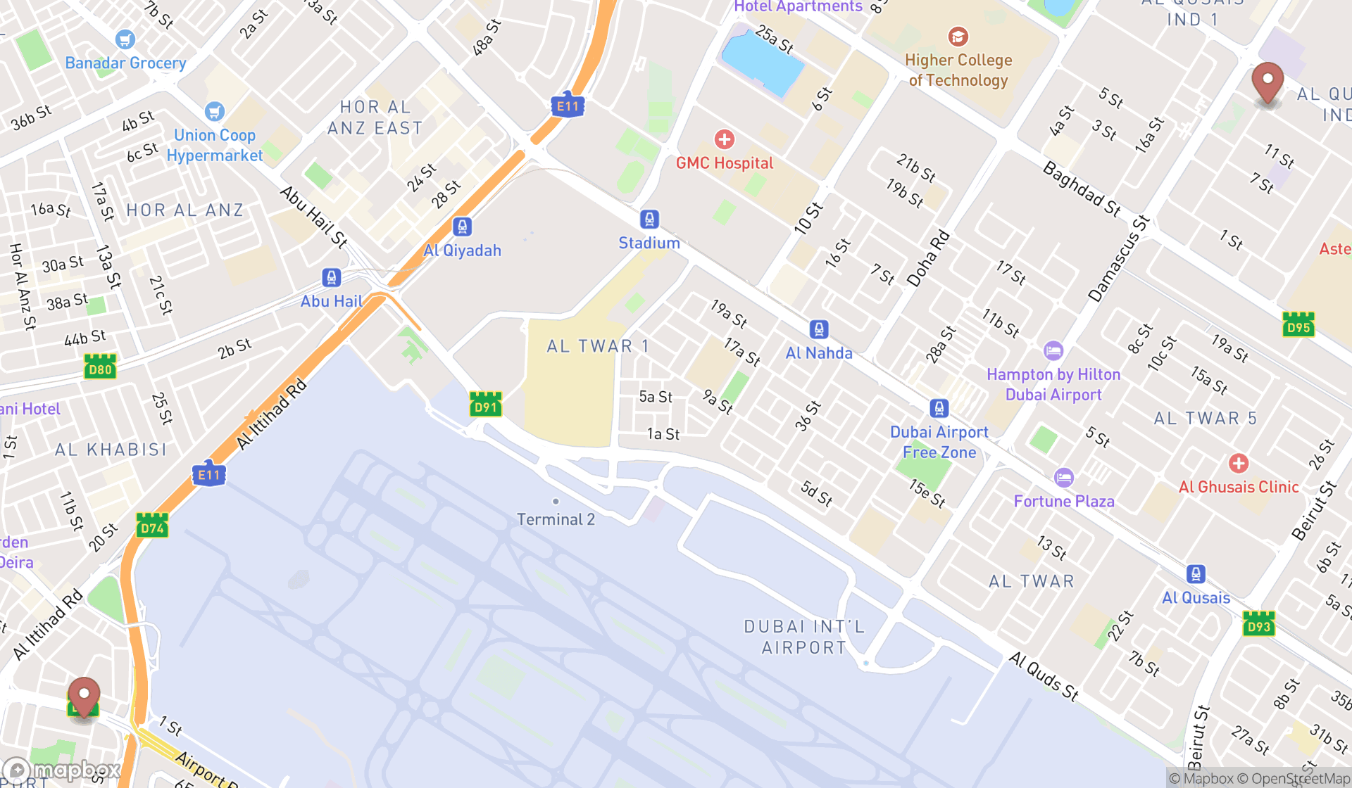 Map showing the search results in Dubai