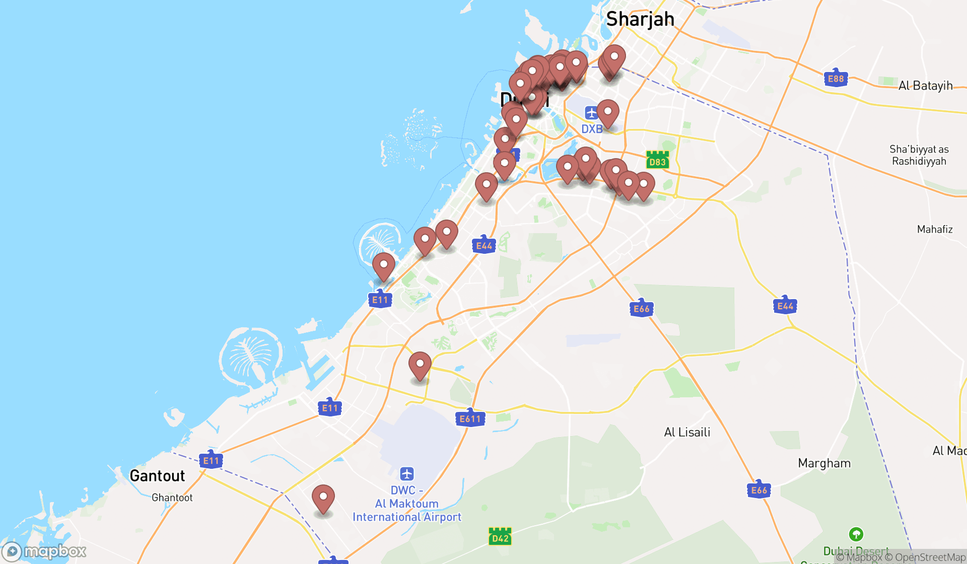 Map showing the search results in Dubai