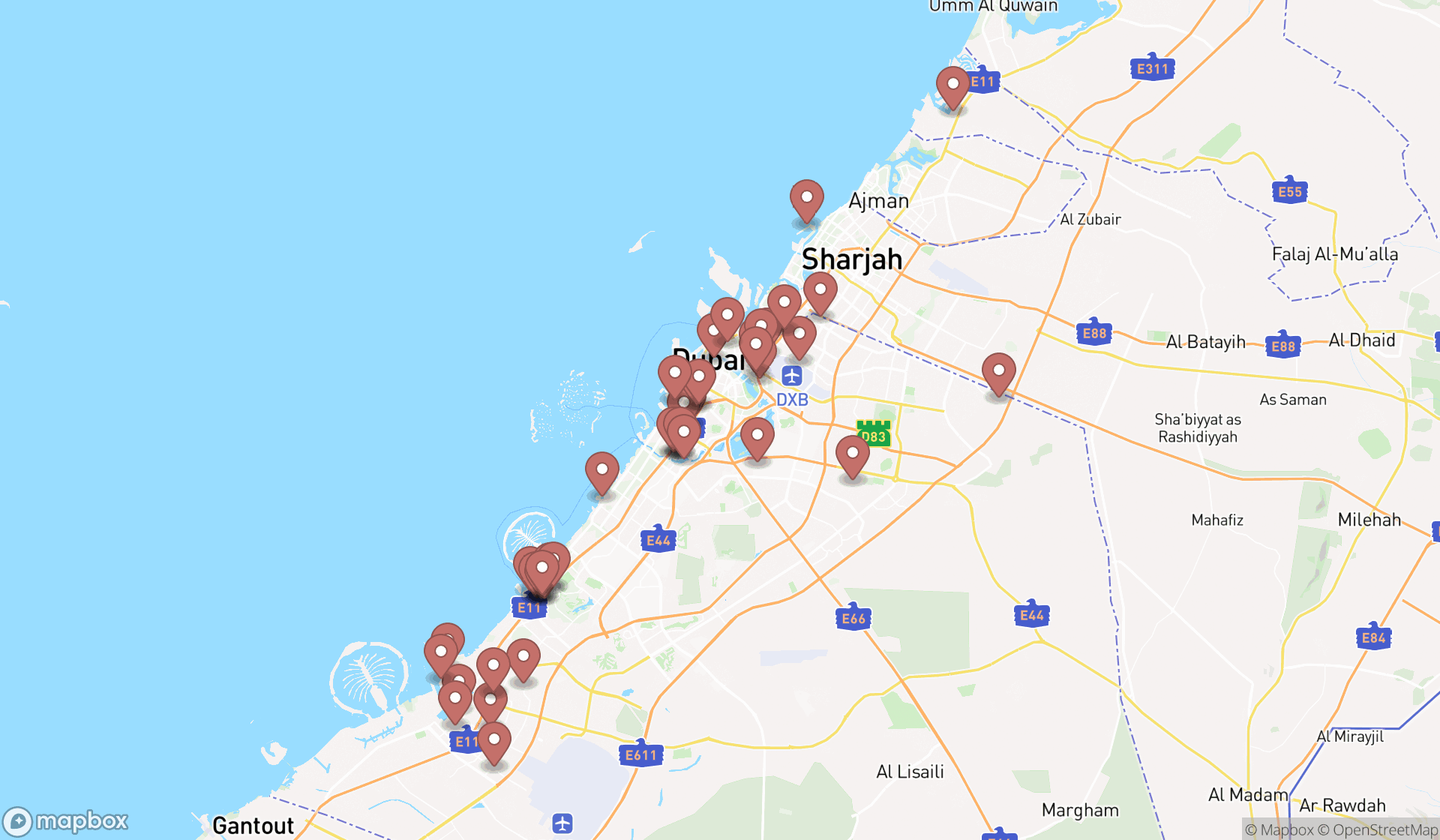 Map showing the search results in Dubai