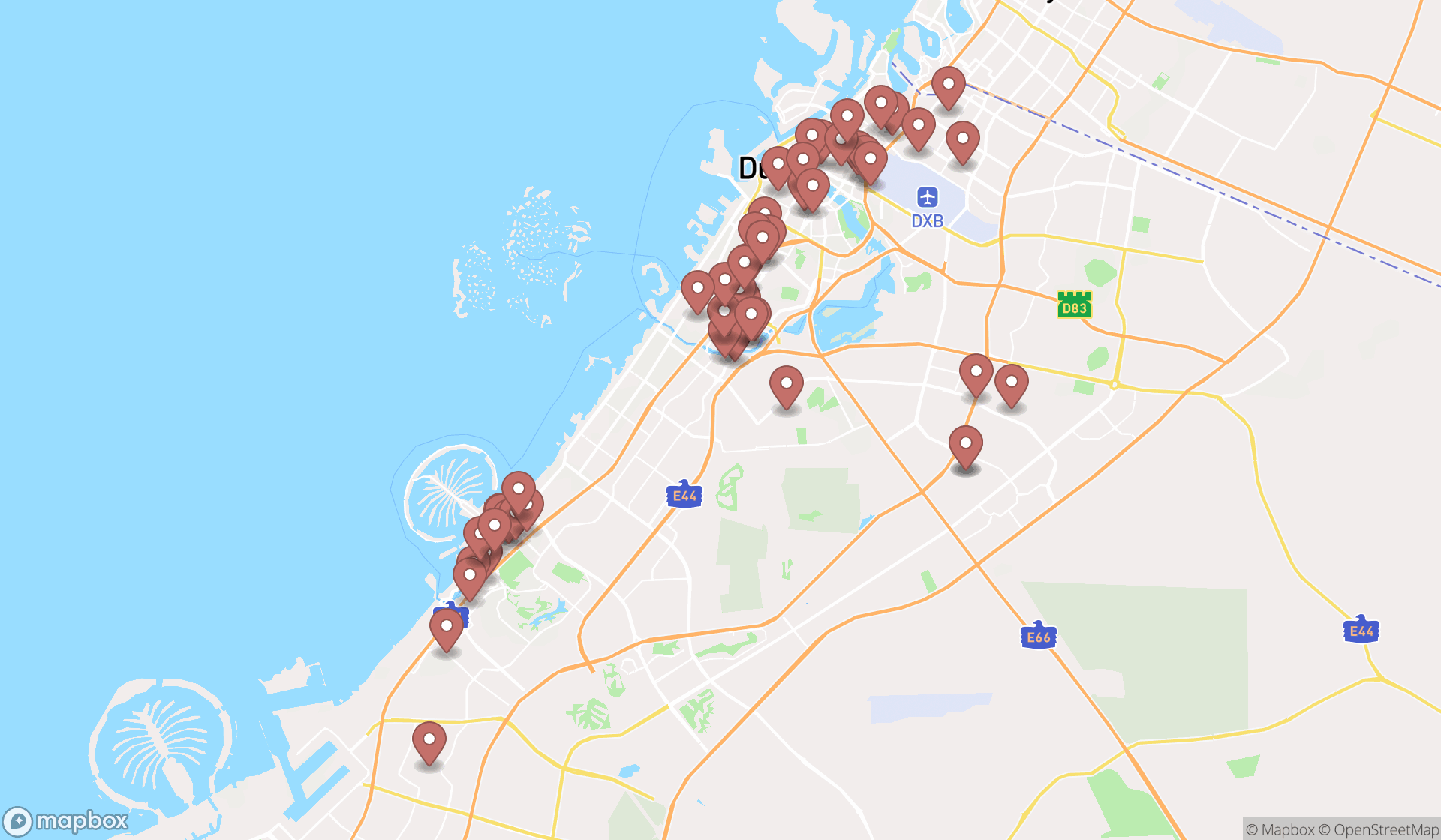Map showing the search results in Dubai