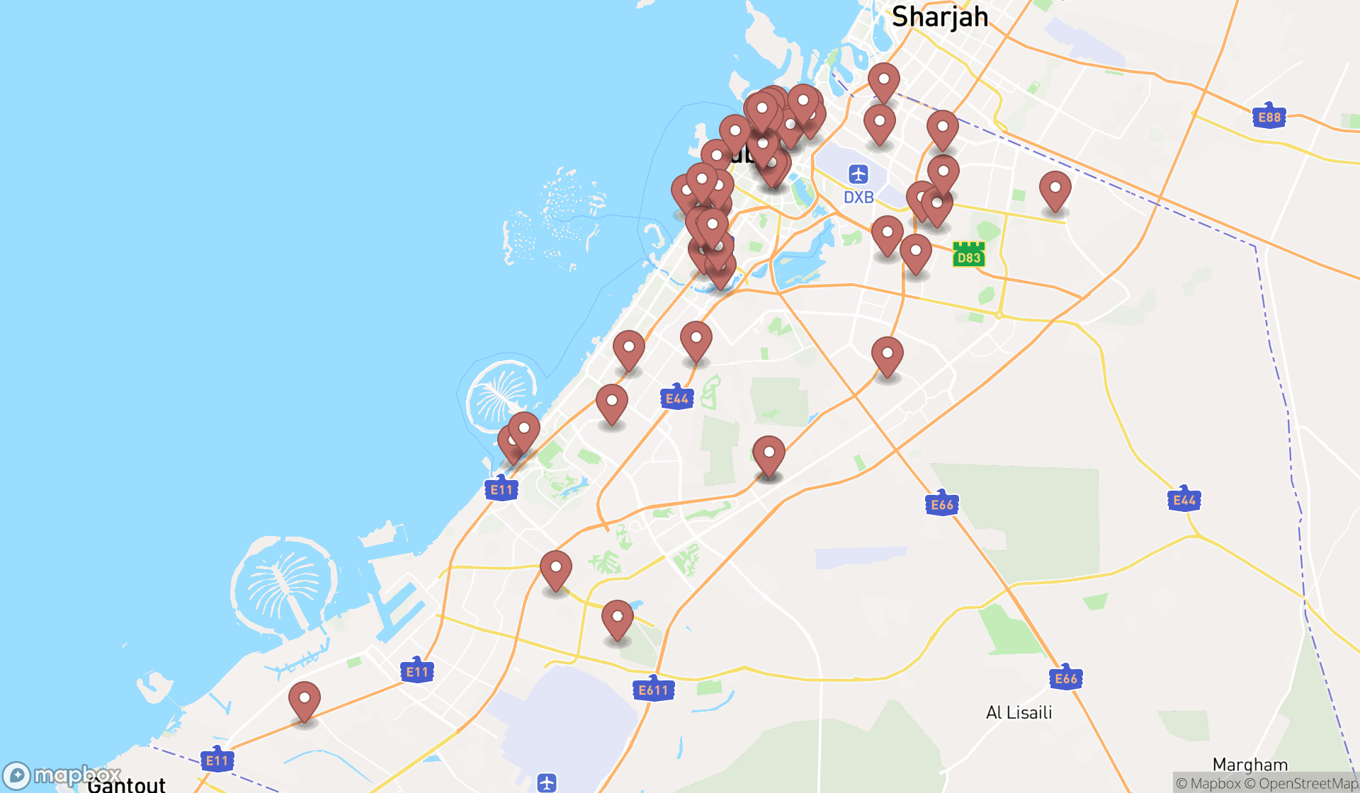 Map showing the search results in Dubai