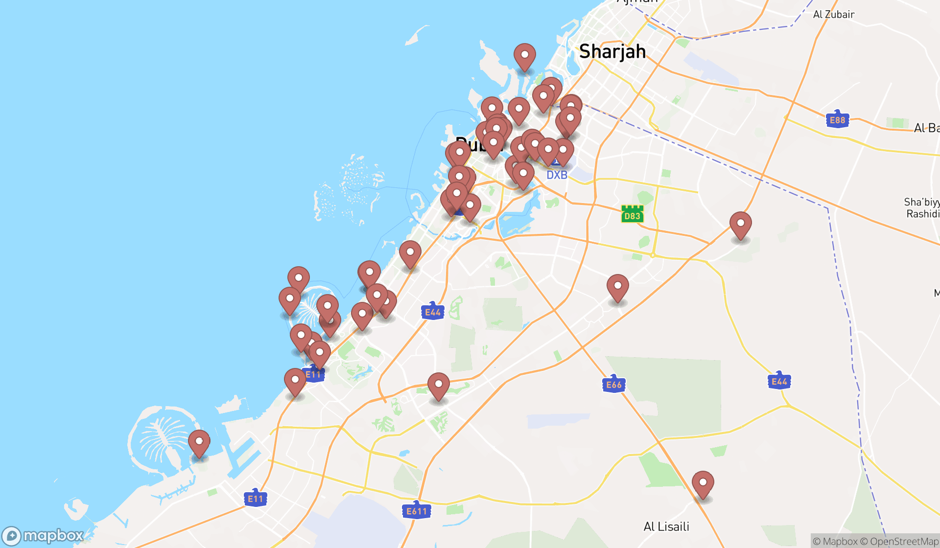 Map showing the search results in Dubai