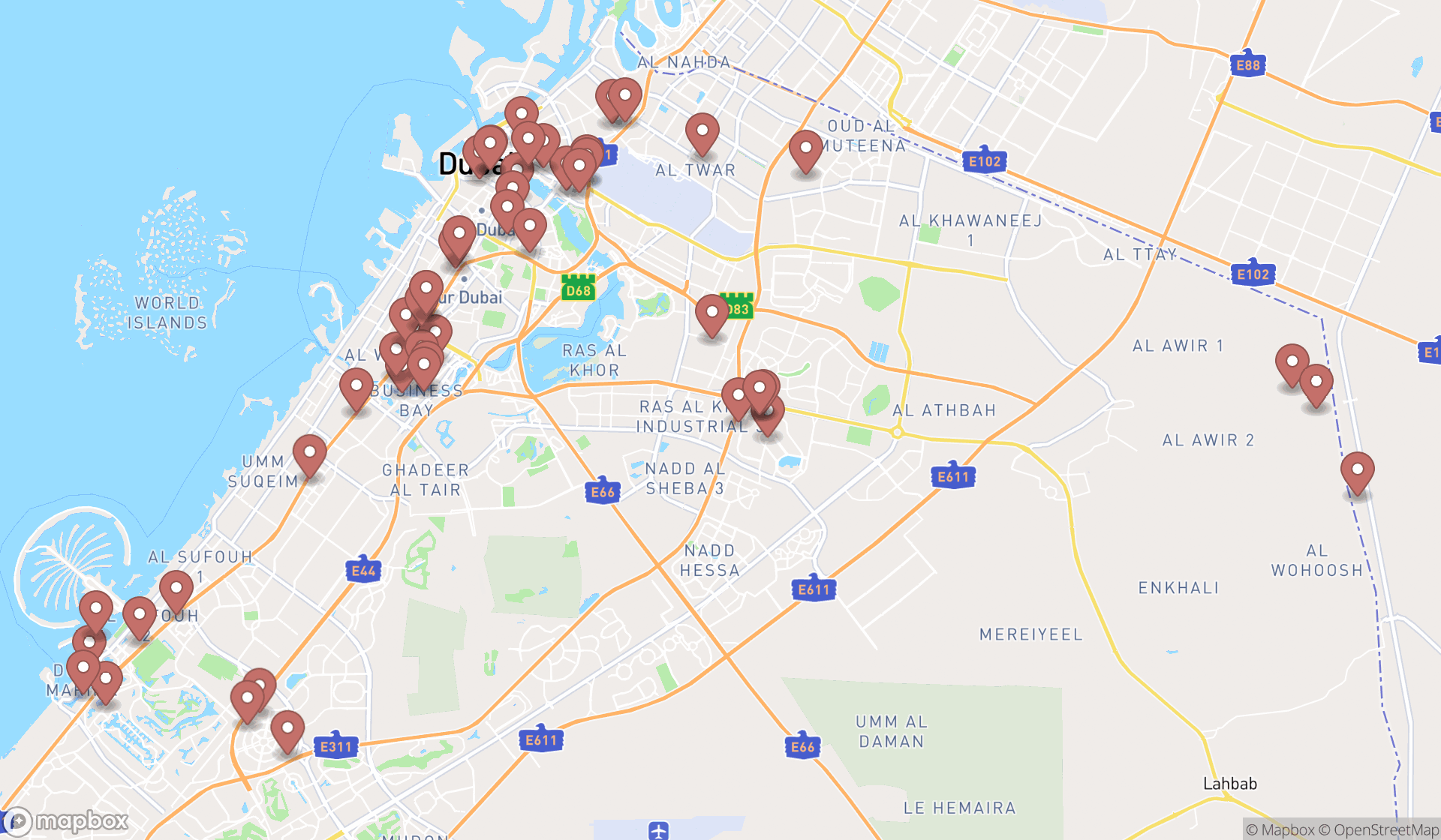 Map showing the search results in Dubai