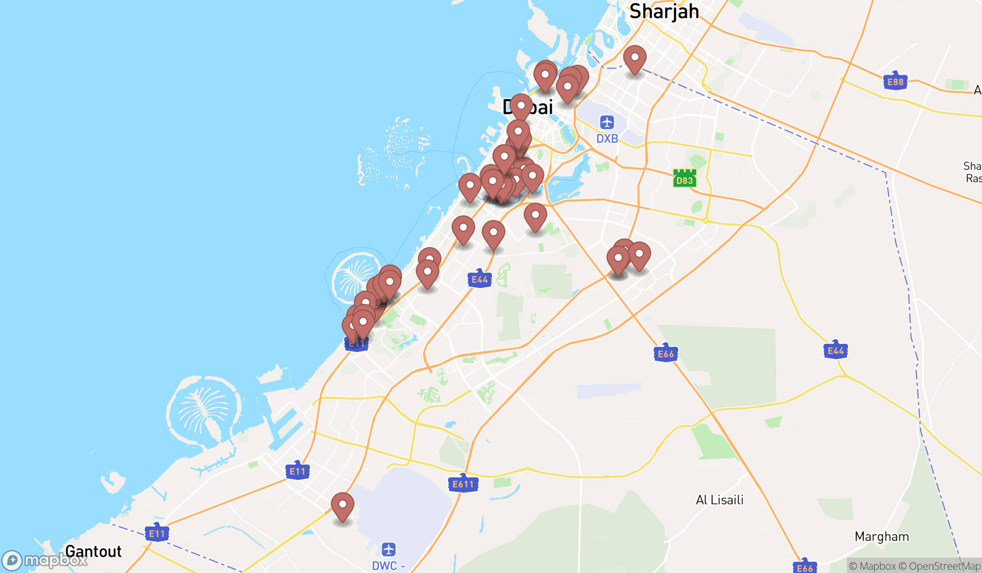 Map showing the search results in Dubai