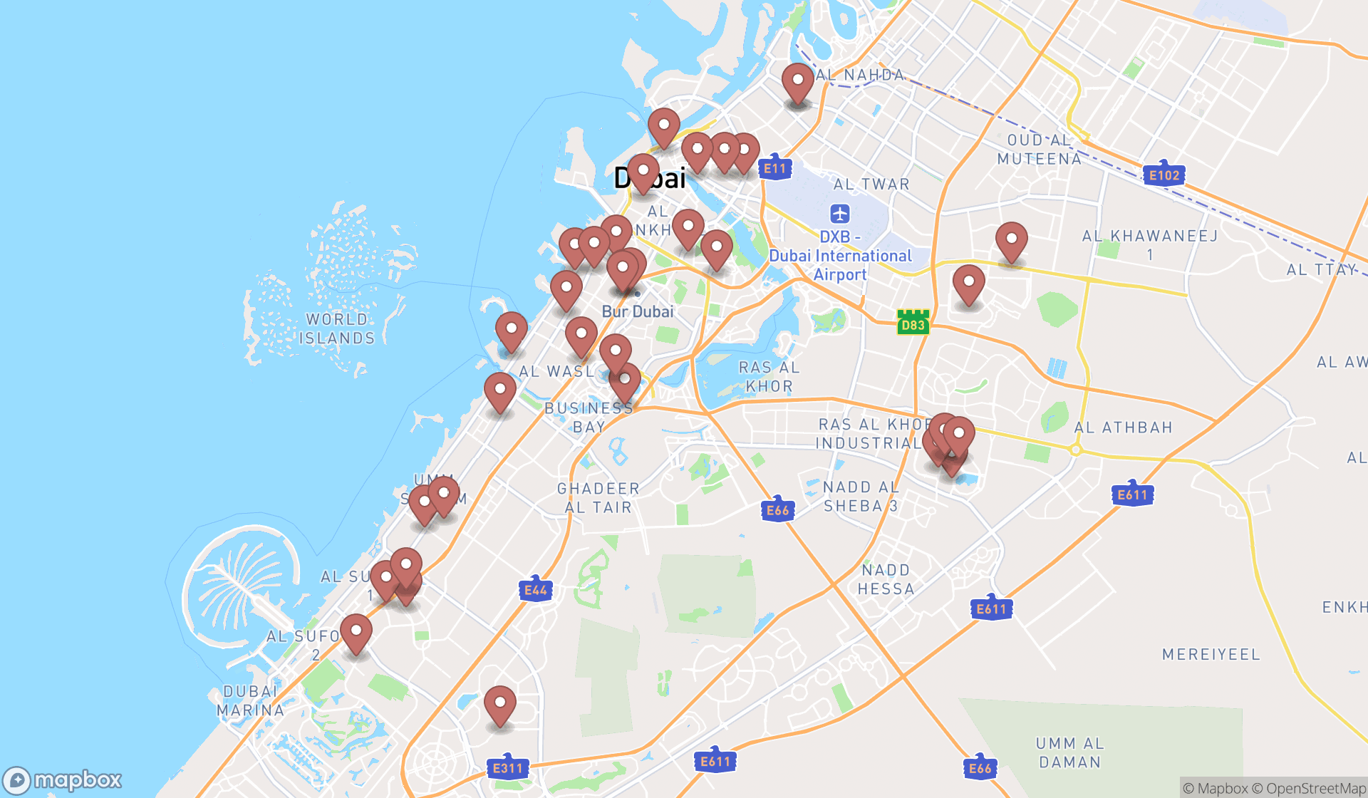 Map showing the search results in Dubai
