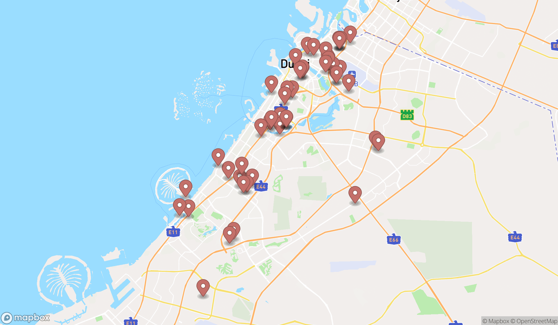 Map showing the search results in Dubai