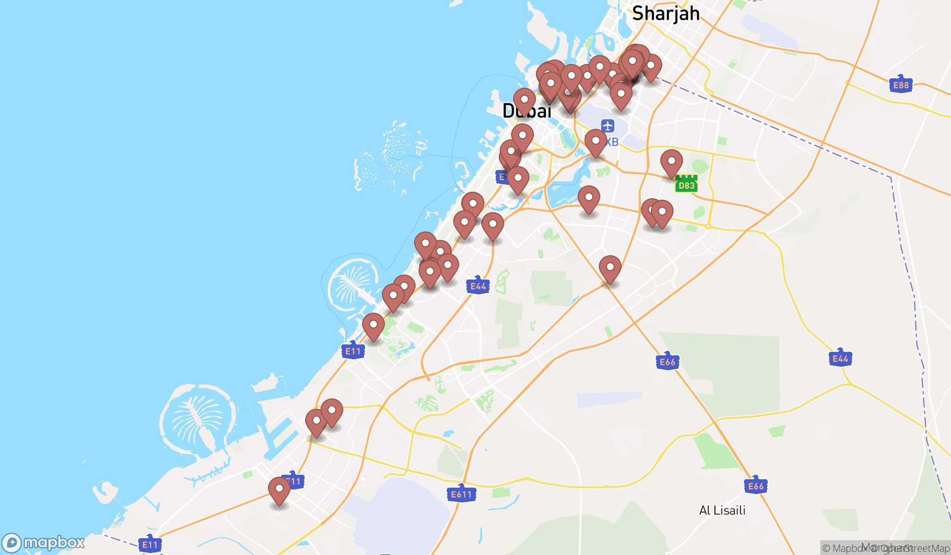 Map showing the search results in Dubai
