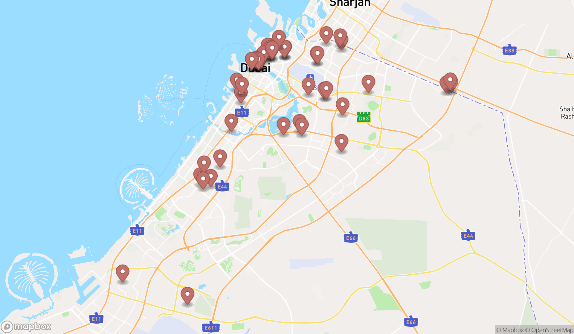 Map showing the search results in Dubai