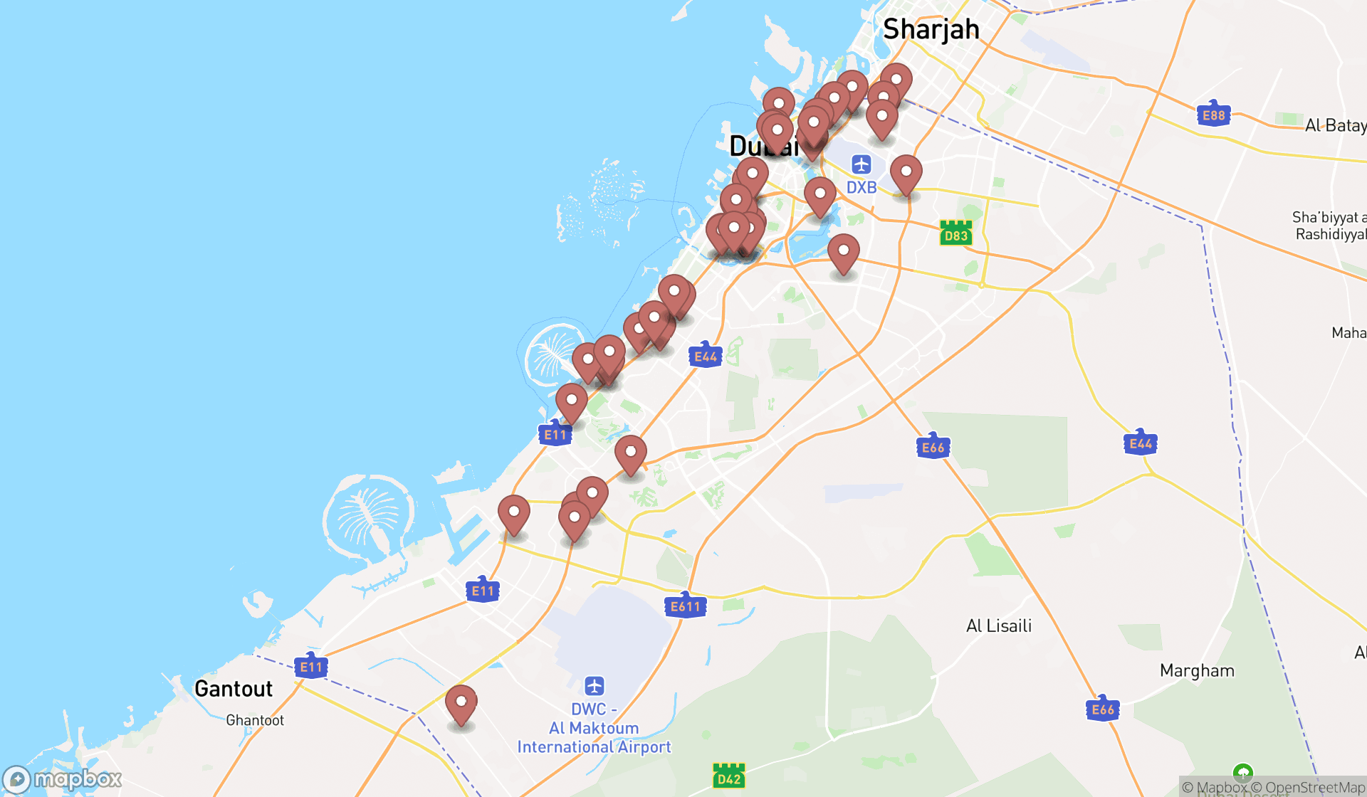 Map showing the search results in Dubai