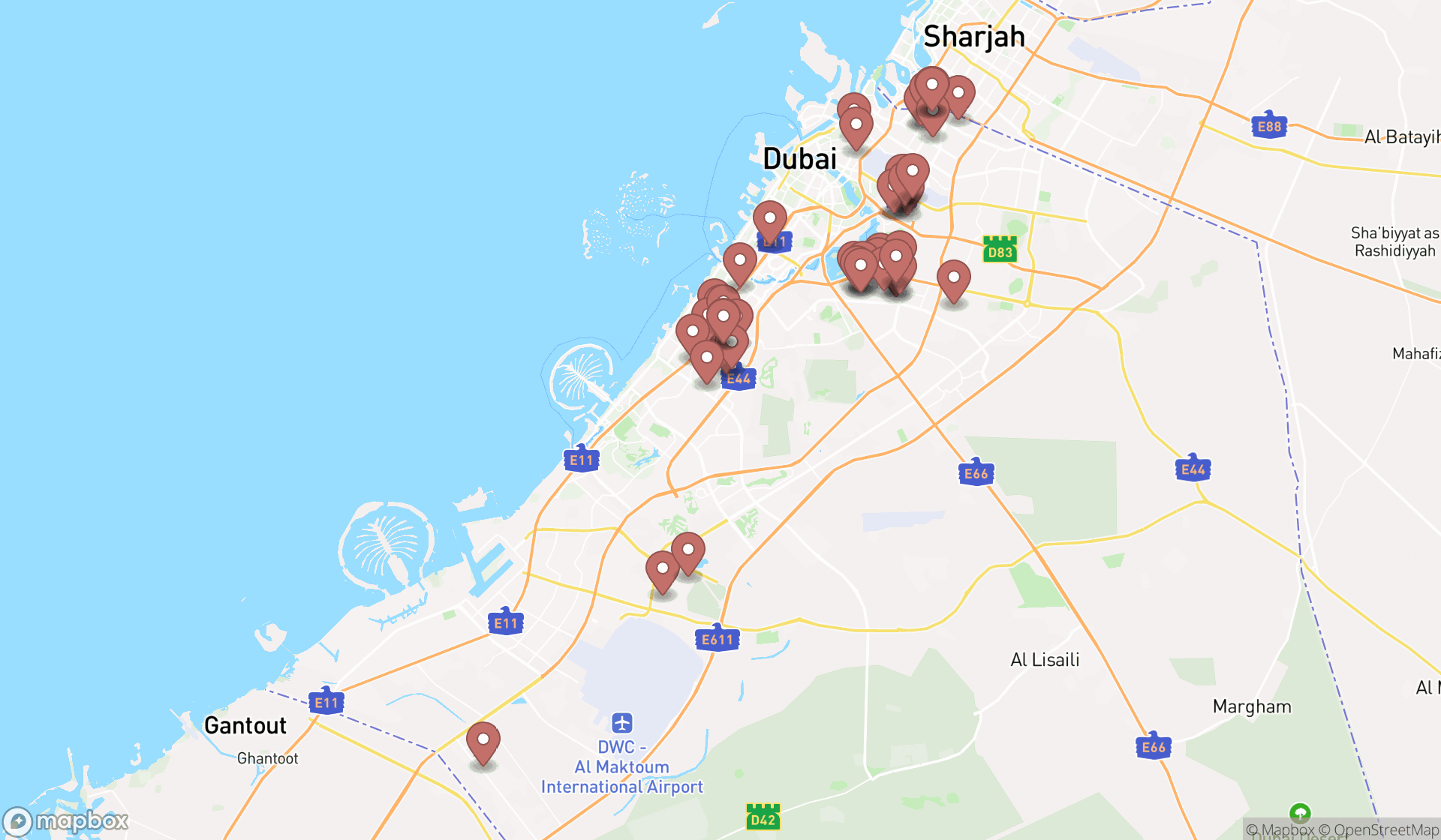 Map showing the search results in Dubai