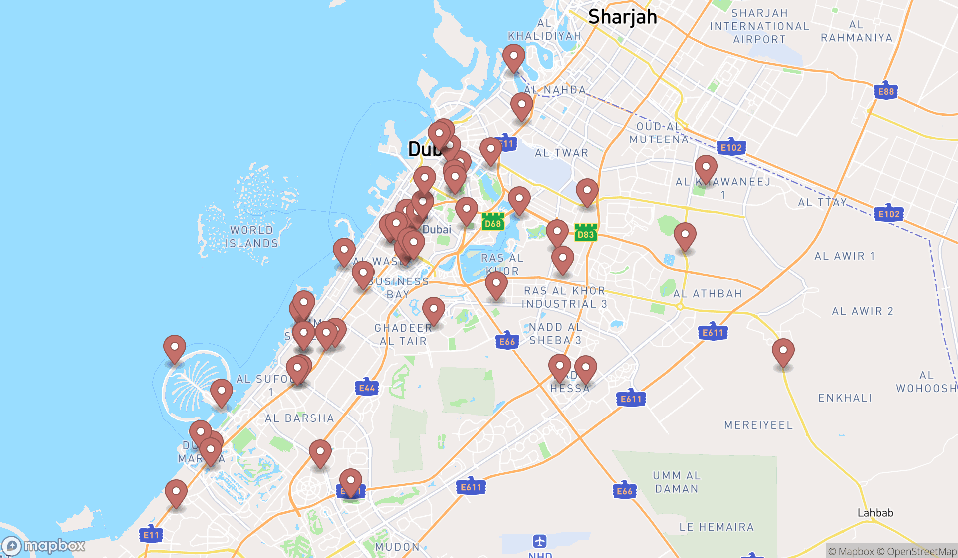 Map showing the search results in Dubai