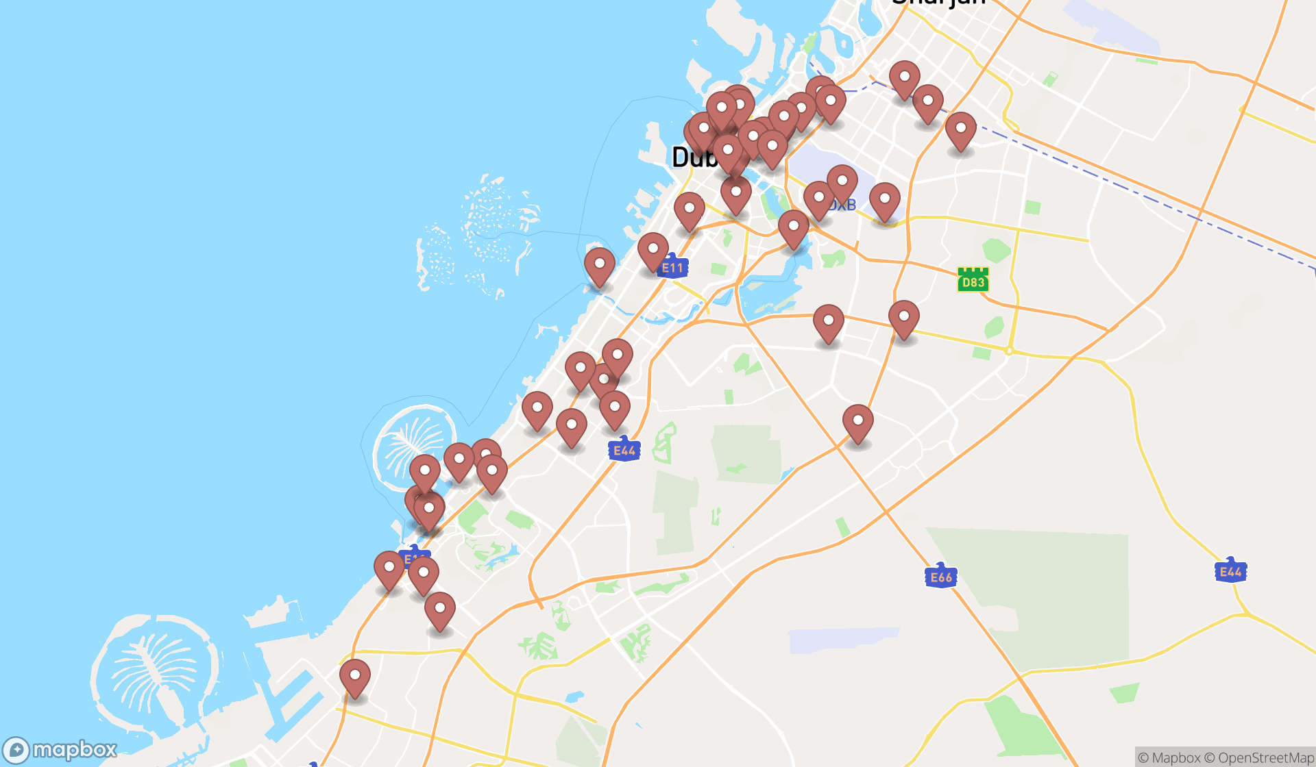 Map showing the search results in Dubai