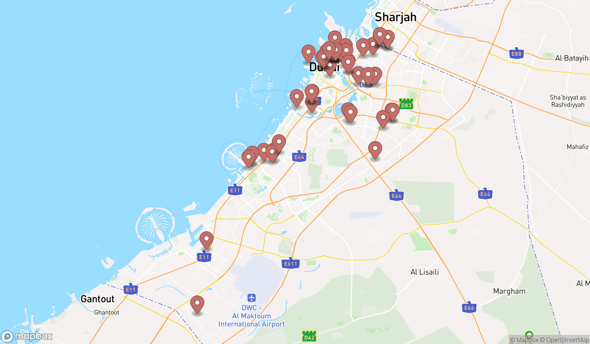 Map showing the search results in Dubai
