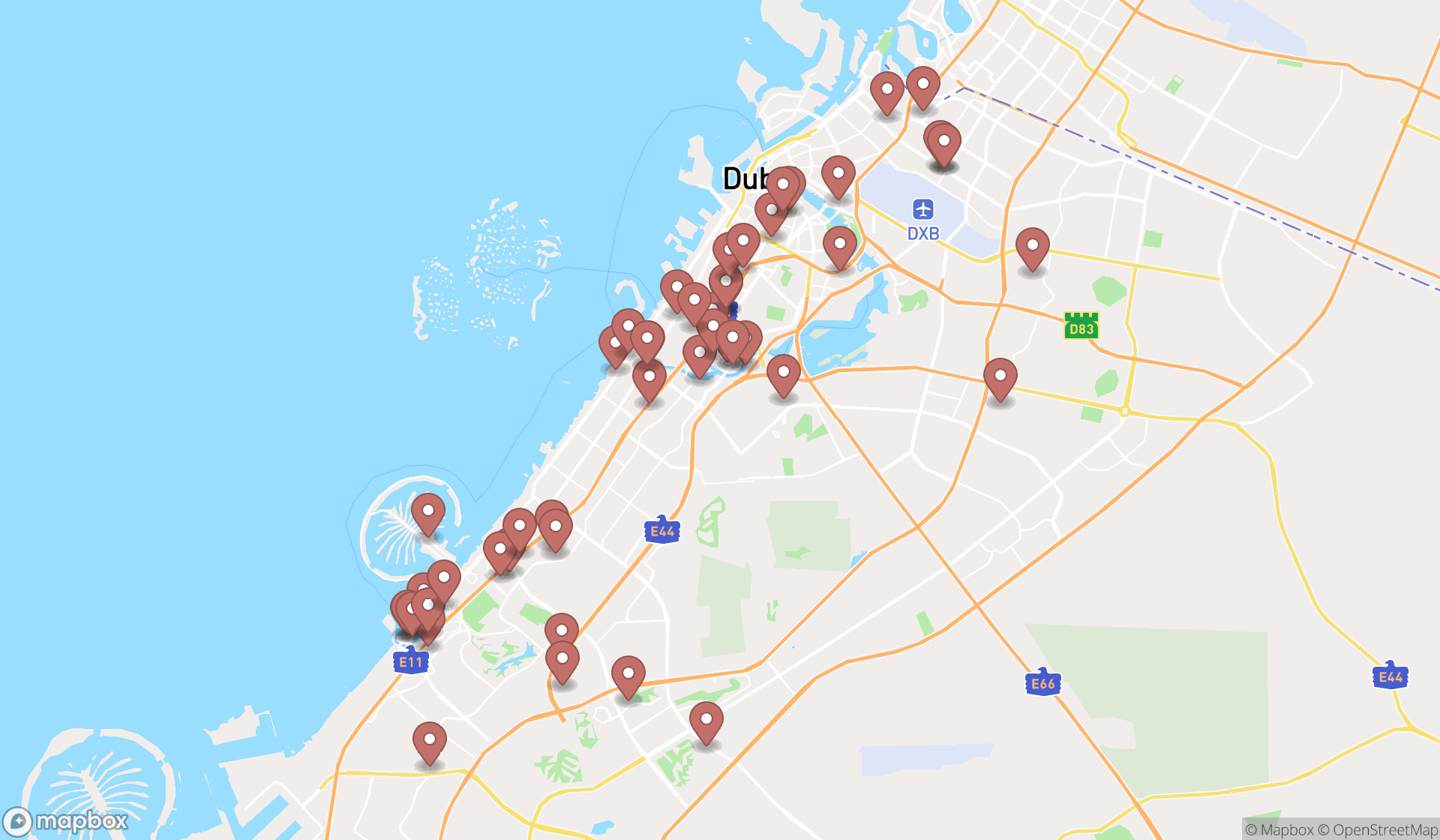 Map showing the search results in Dubai