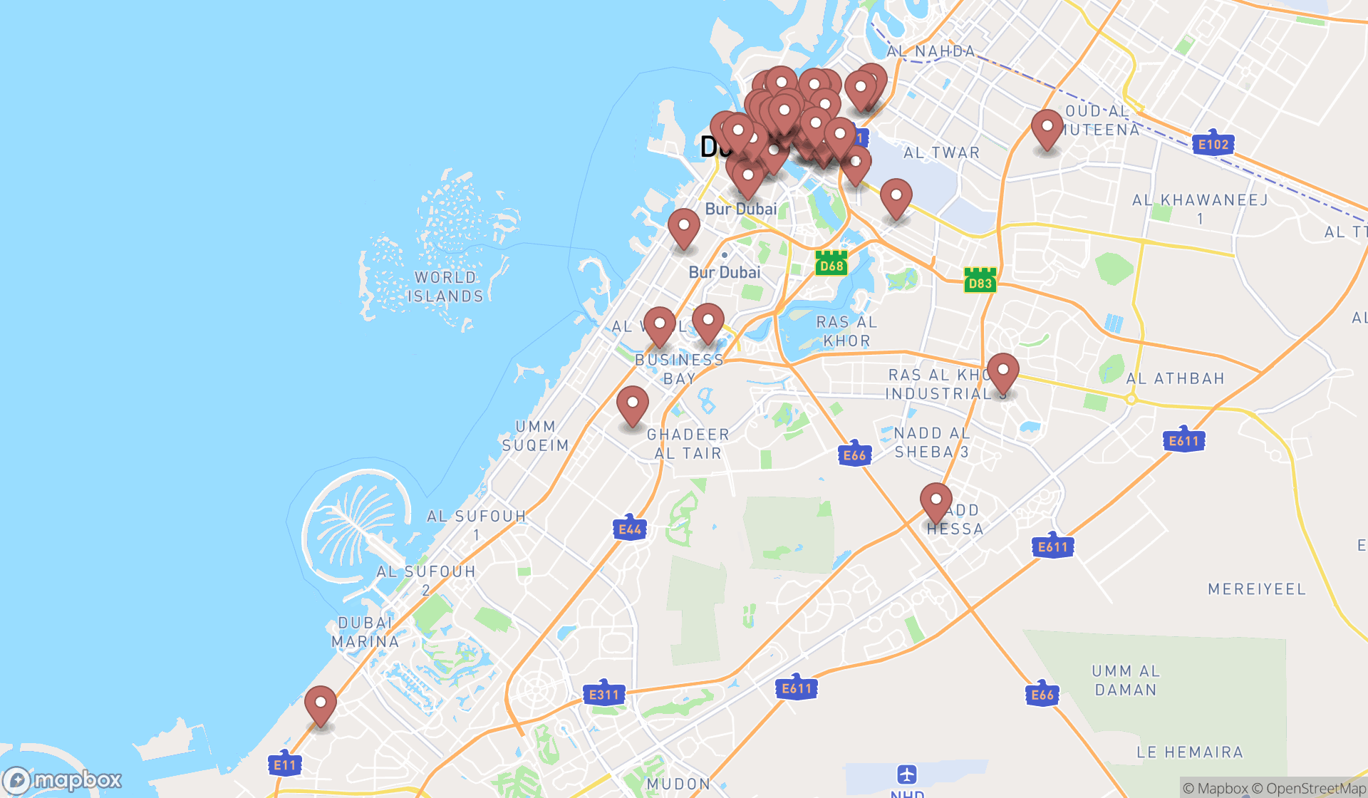 Map showing the search results in Dubai