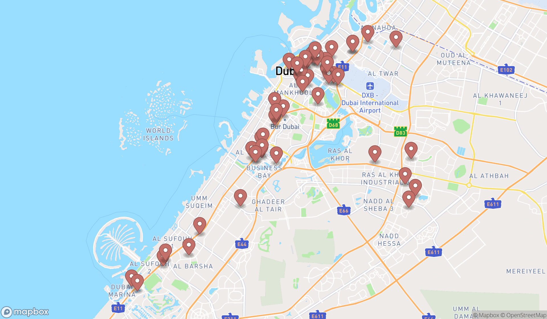 Map showing the search results in Dubai