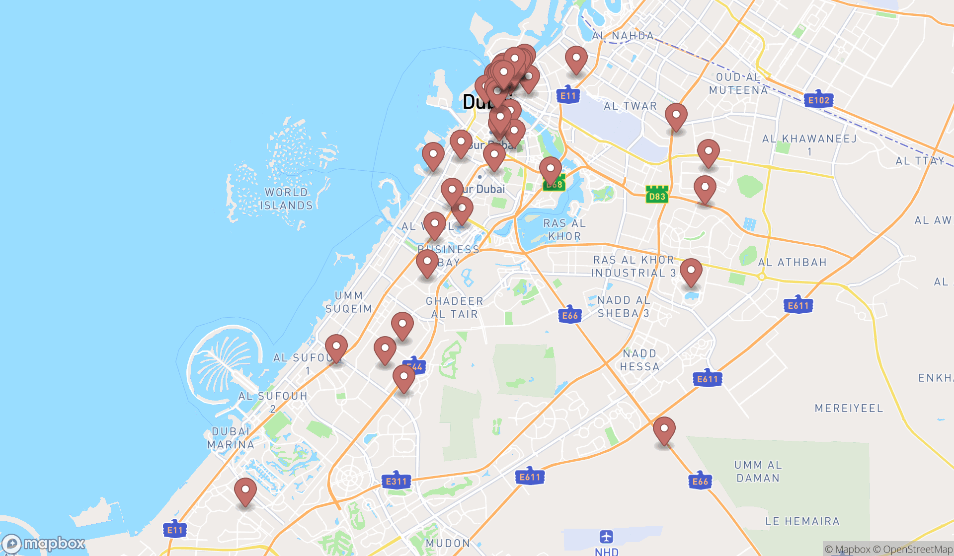 Map showing the search results in Dubai