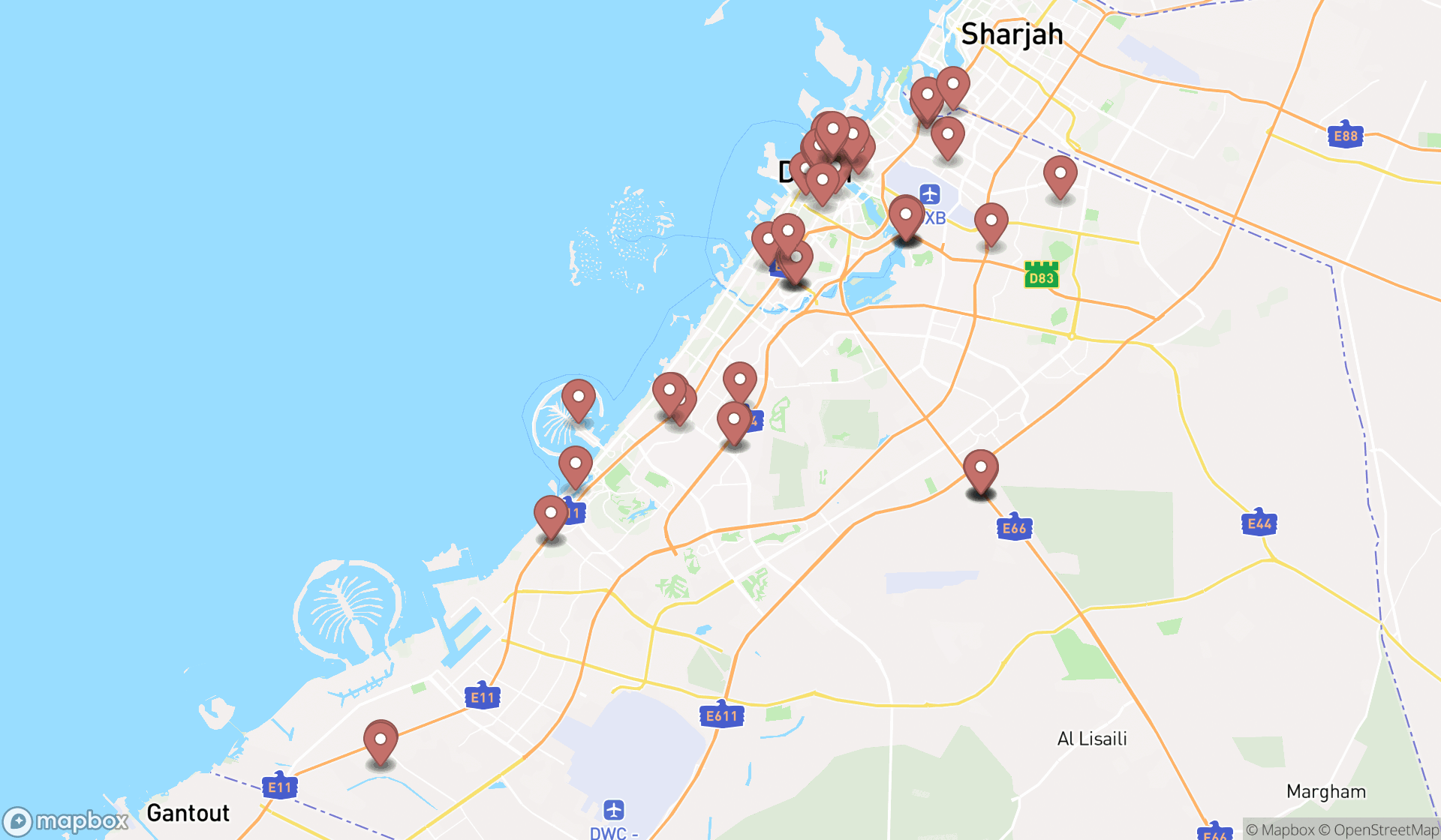 Map showing the search results in Dubai